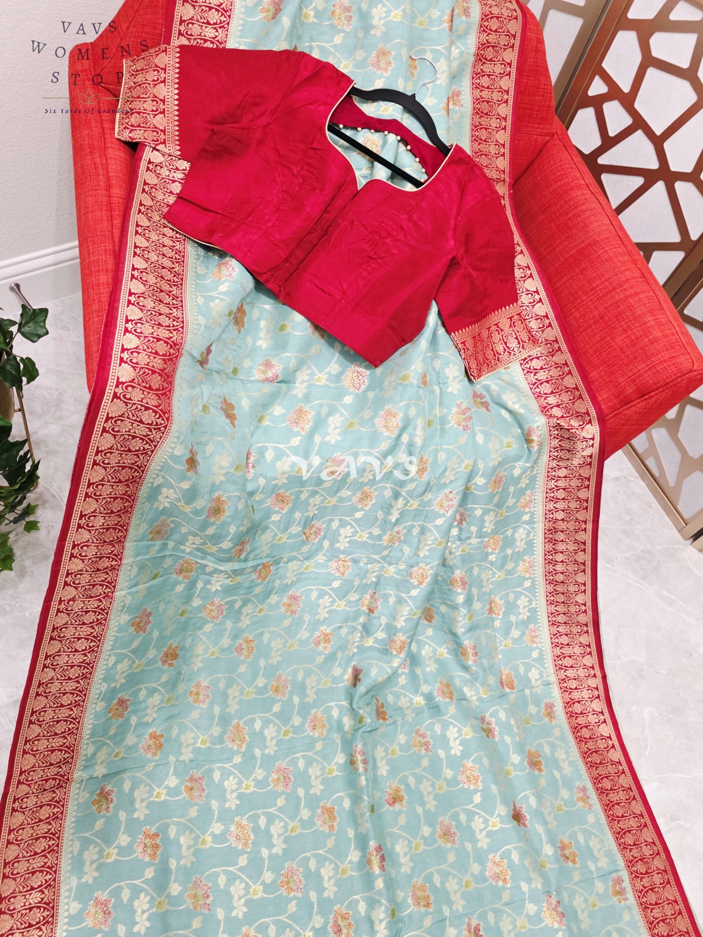 Regal Powder Aqua & Crimson Gold Munga Crepe Silk Designer Saree with Premium Stitched Blouse