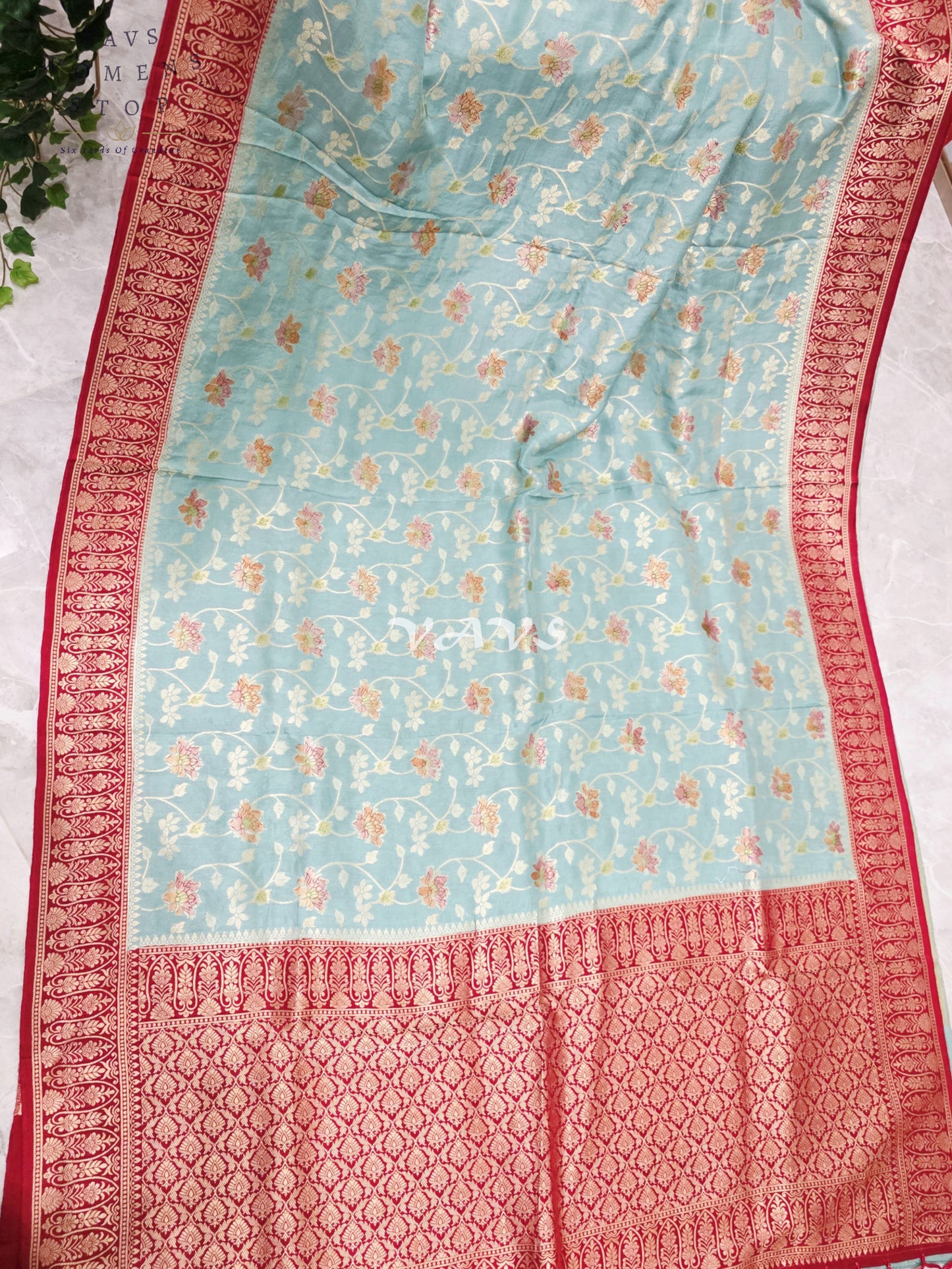 Regal Powder Aqua & Crimson Gold Munga Crepe Silk Designer Saree with Premium Stitched Blouse