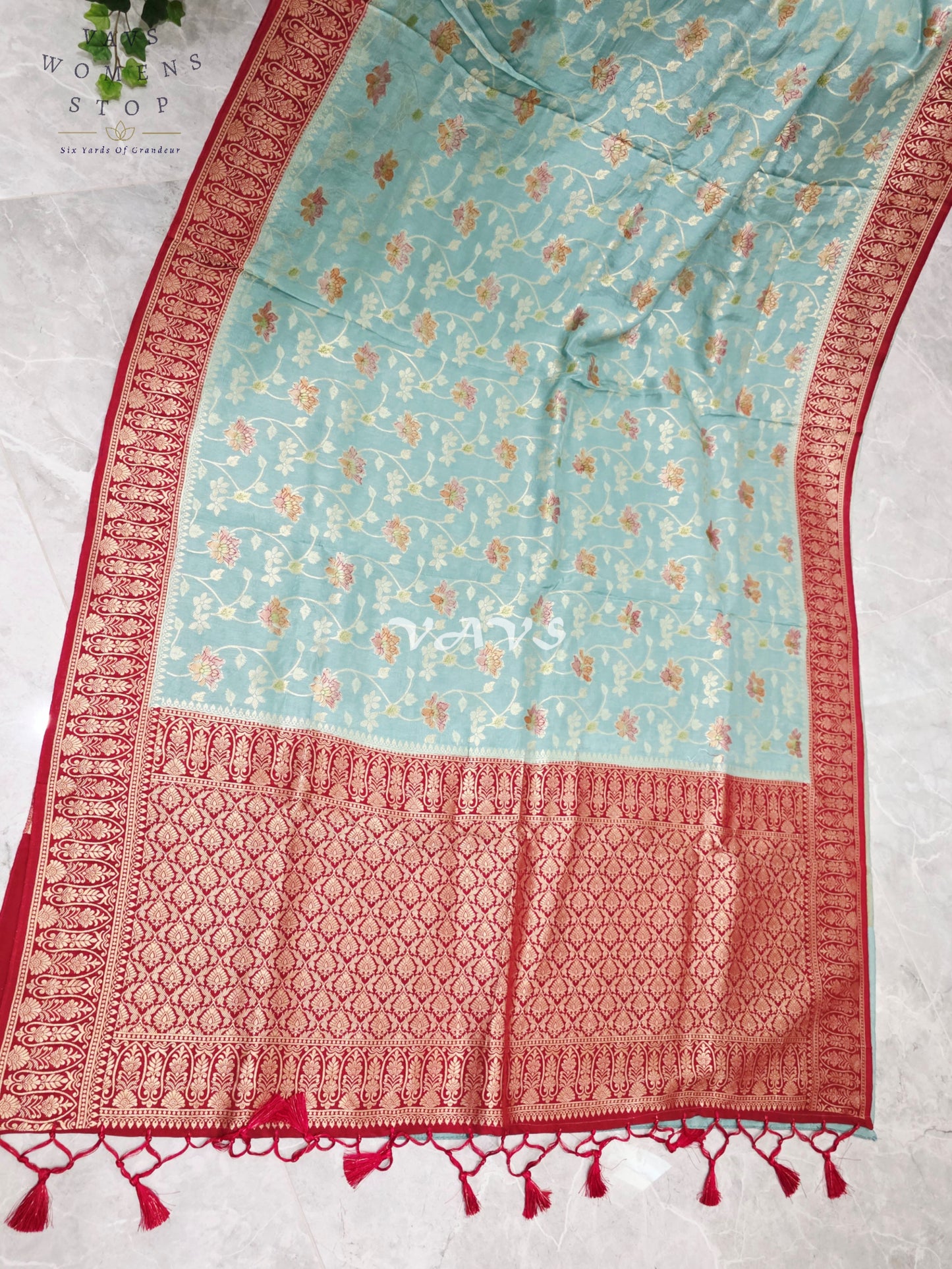 Regal Powder Aqua & Crimson Gold Munga Crepe Silk Designer Saree with Premium Stitched Blouse