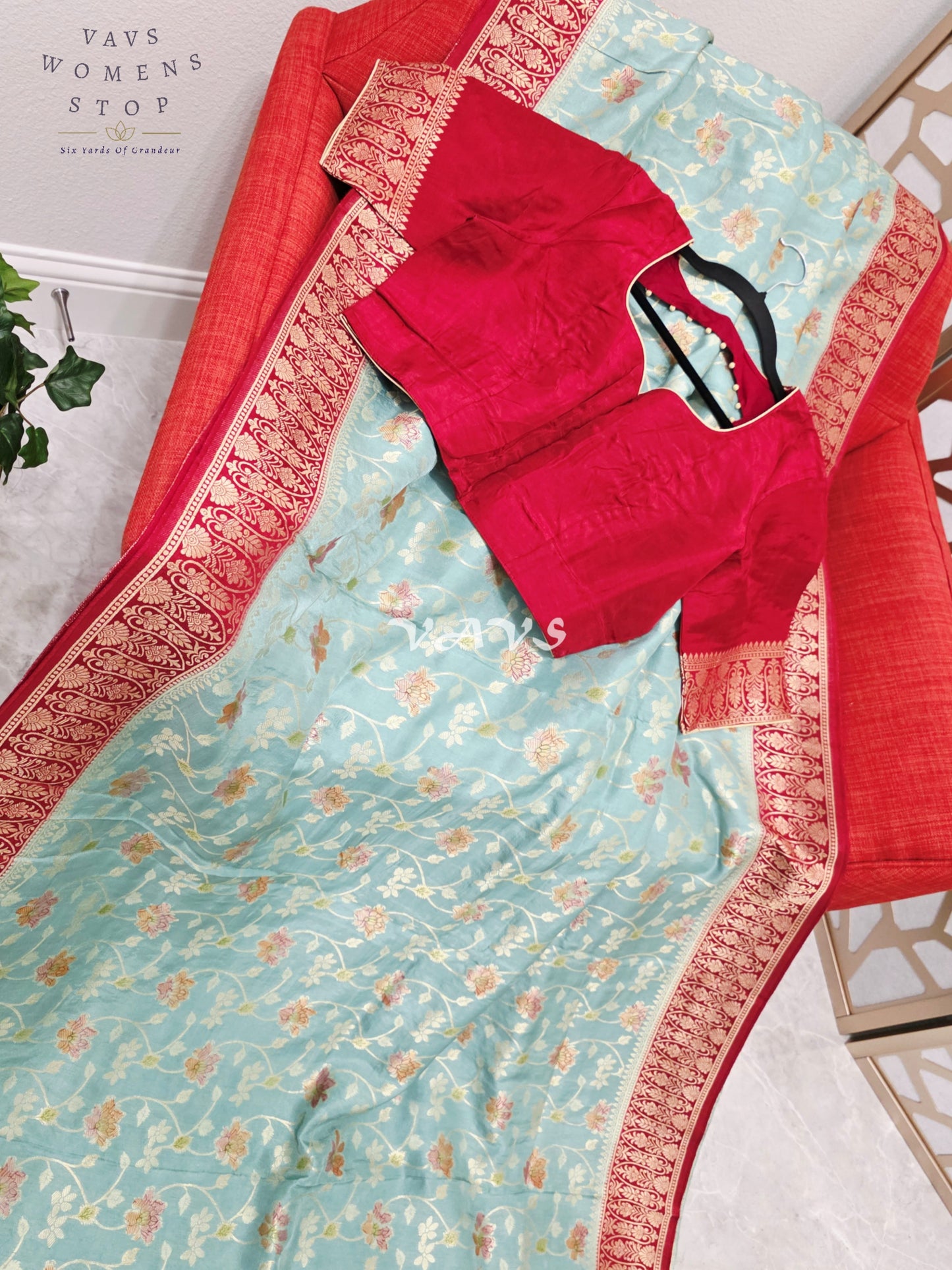 Regal Powder Aqua & Crimson Gold Munga Crepe Silk Designer Saree with Premium Stitched Blouse