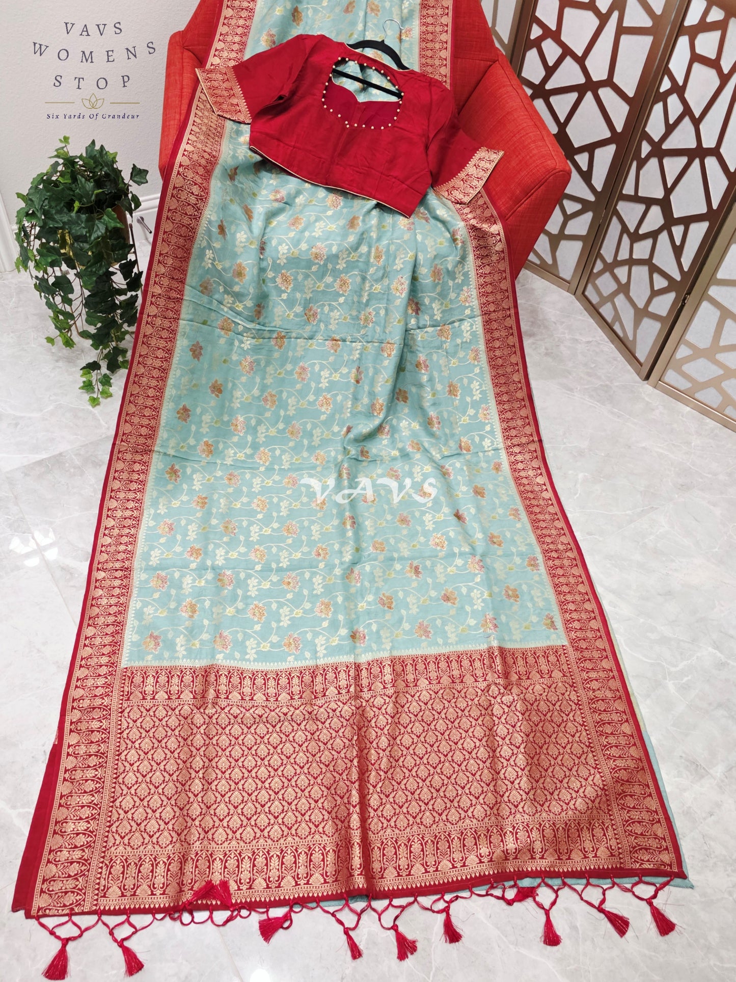 Regal Powder Aqua & Crimson Gold Munga Crepe Silk Designer Saree with Premium Stitched Blouse