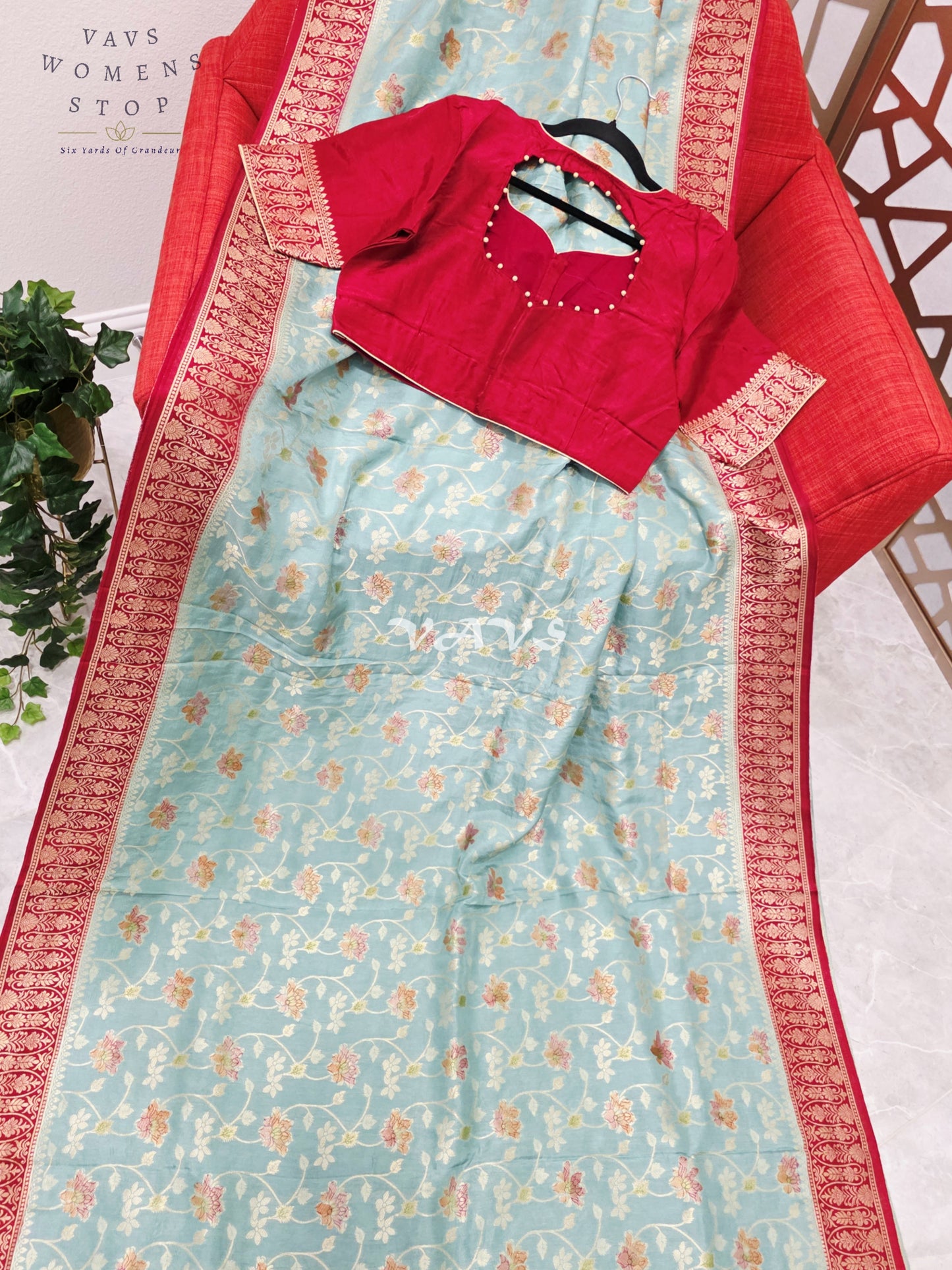 Regal Powder Aqua & Crimson Gold Munga Crepe Silk Designer Saree with Premium Stitched Blouse