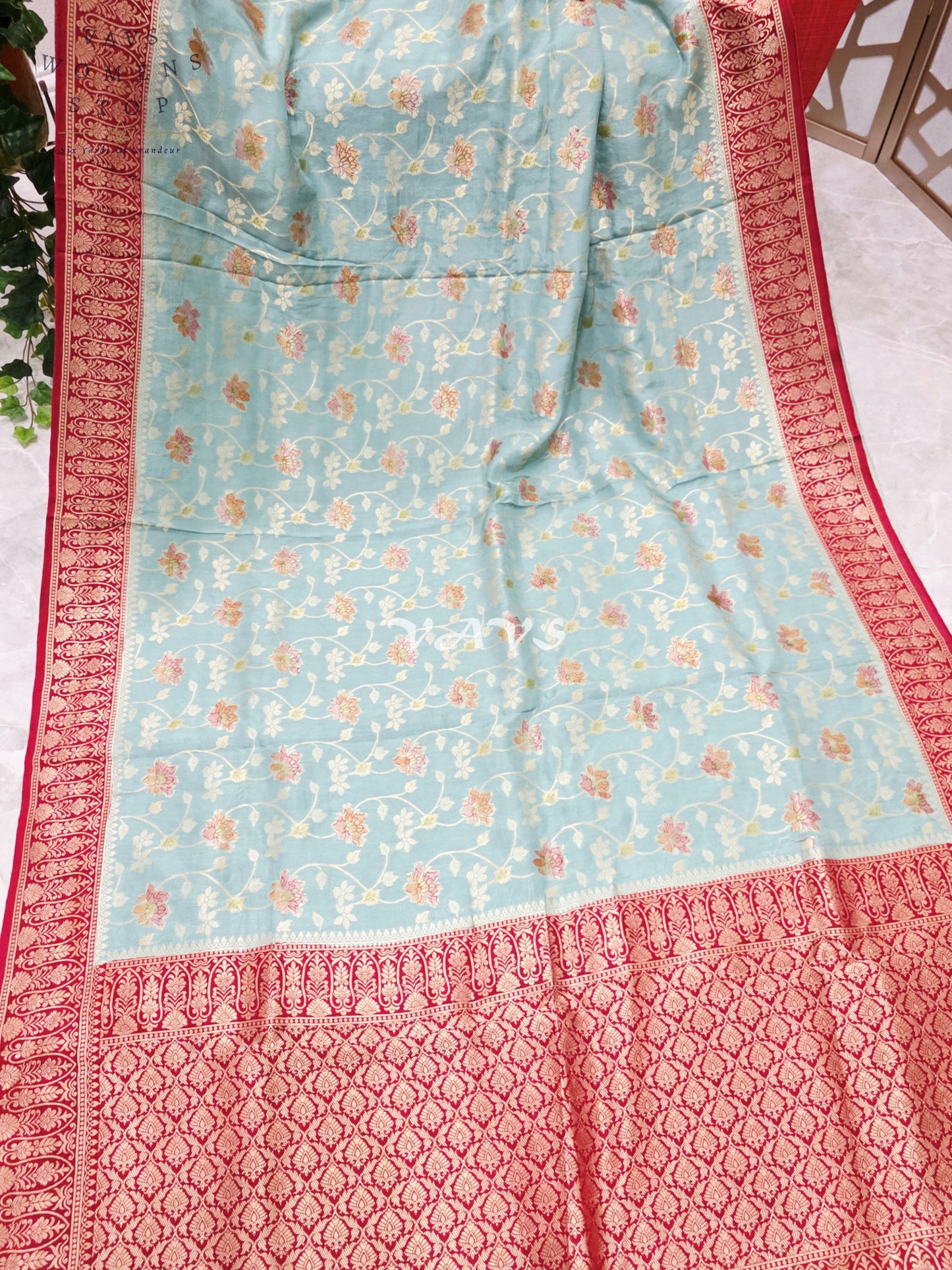 Regal Powder Aqua & Crimson Gold Munga Crepe Silk Designer Saree with Premium Stitched Blouse