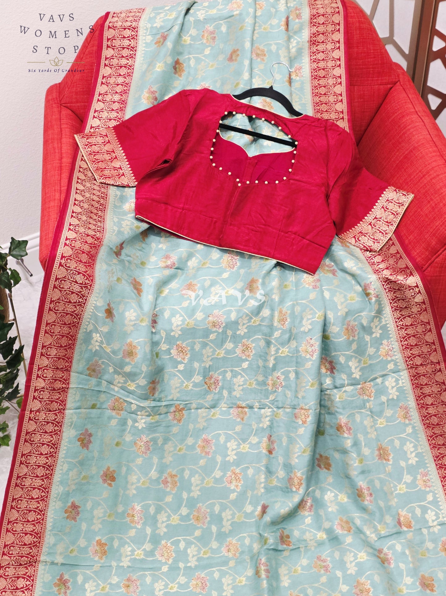 Regal Powder Aqua & Crimson Gold Munga Crepe Silk Designer Saree with Premium Stitched Blouse