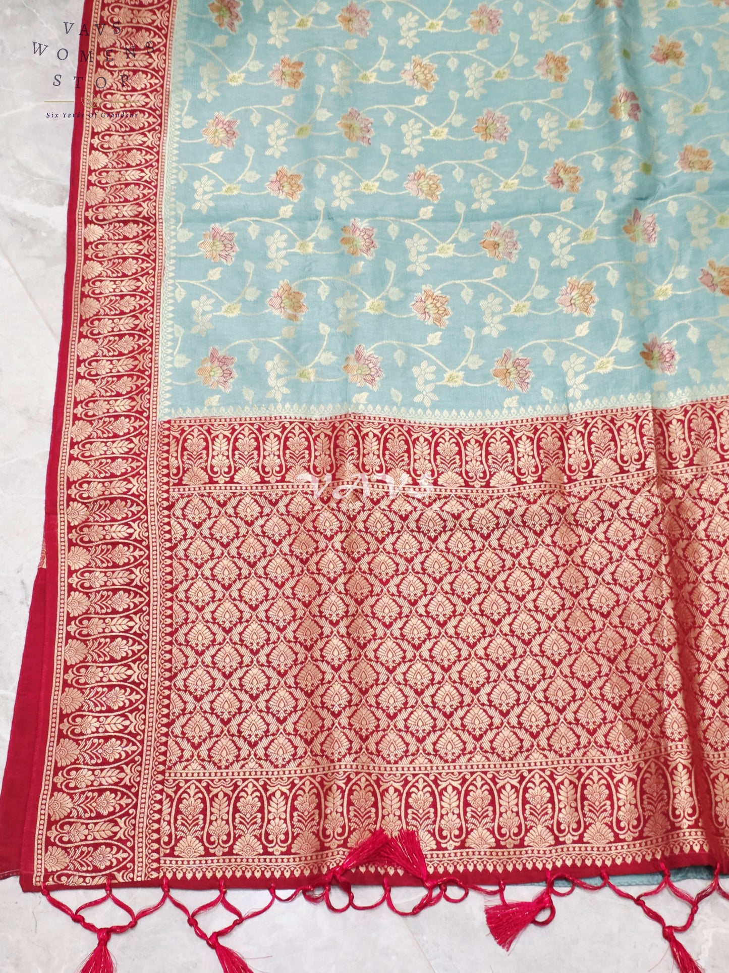 Regal Powder Aqua & Crimson Gold Munga Crepe Silk Designer Saree with Premium Stitched Blouse