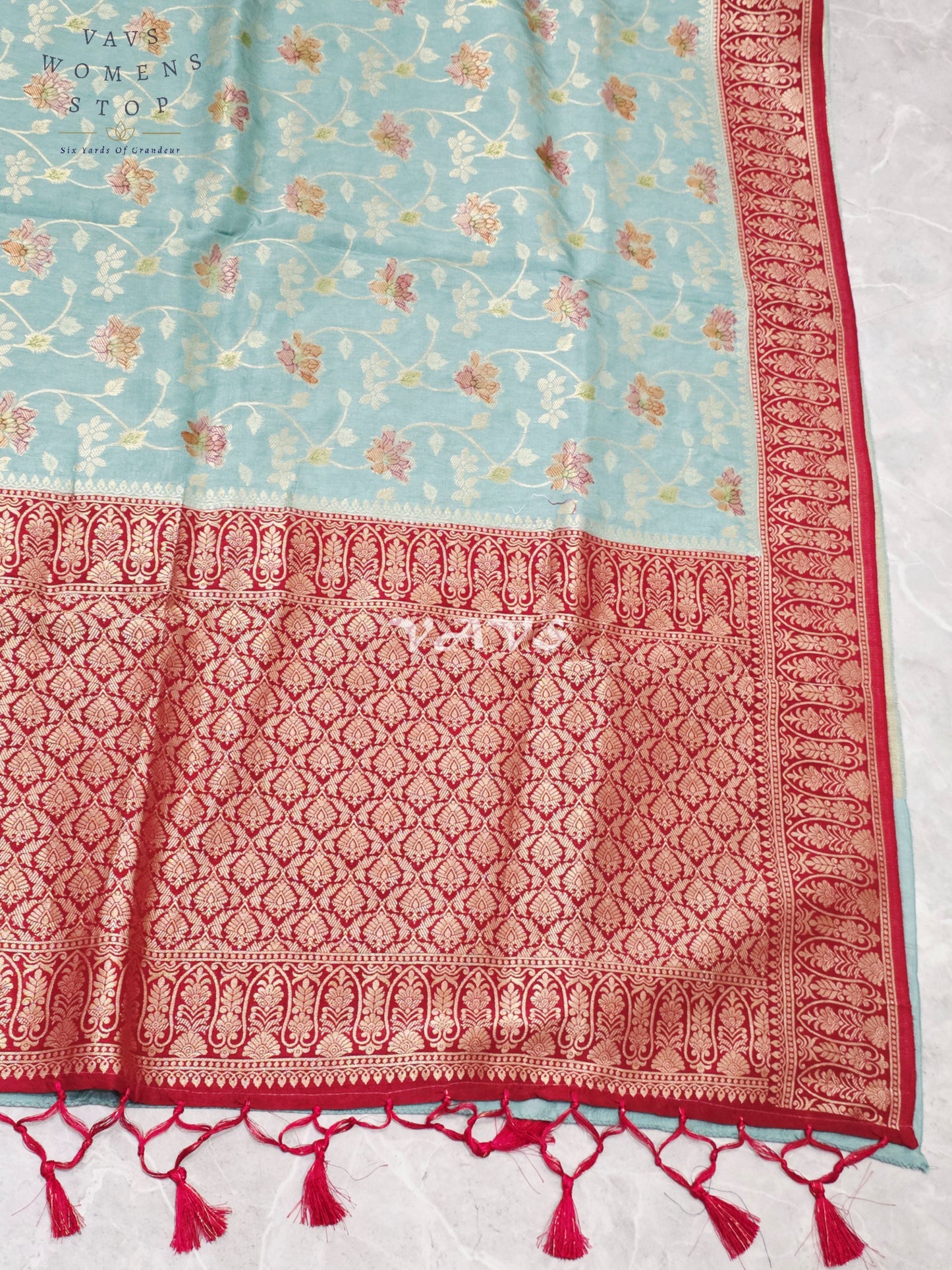 Regal Powder Aqua & Crimson Gold Munga Crepe Silk Designer Saree with Premium Stitched Blouse