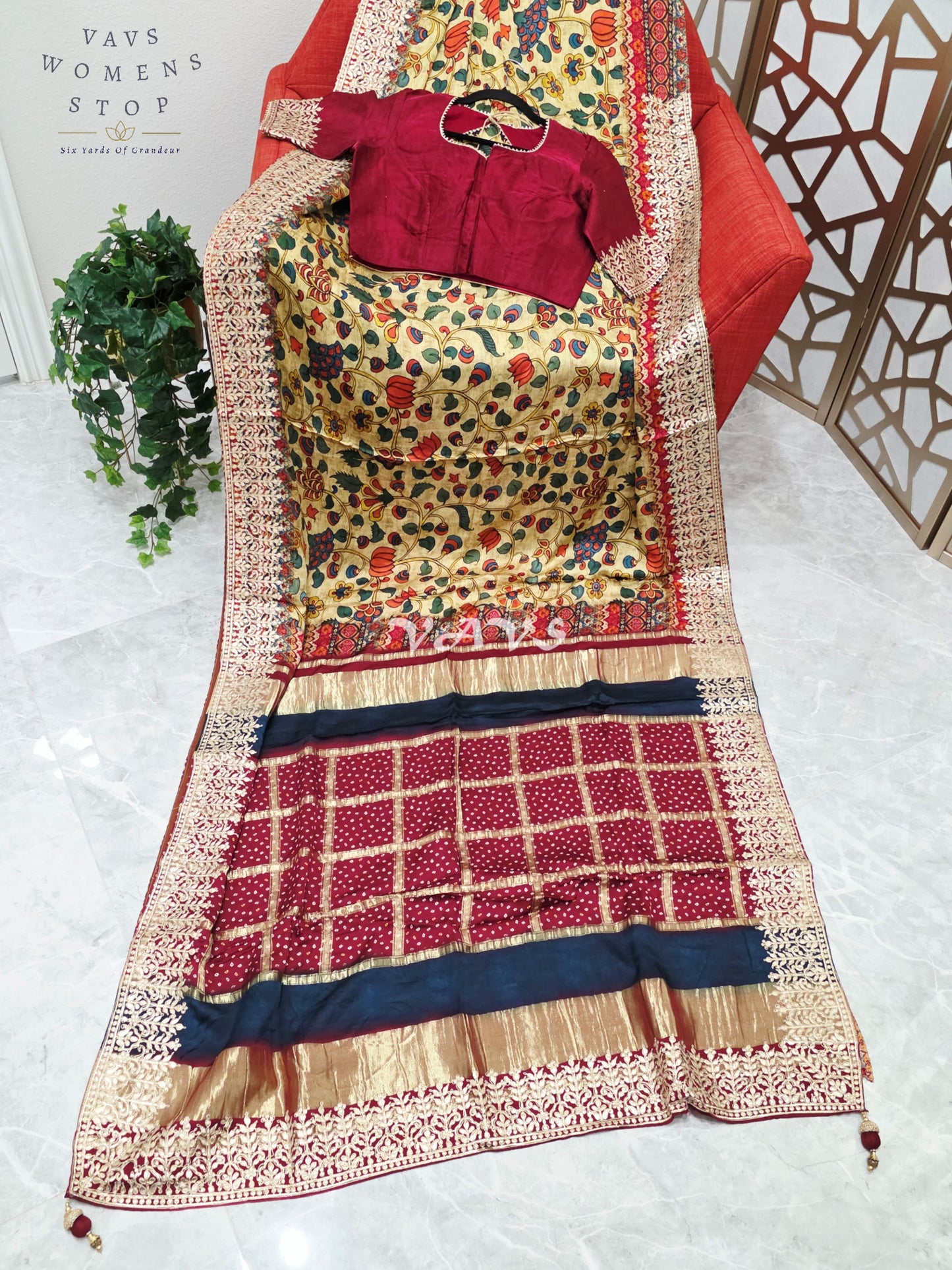 Regal Antique Gold Kalamkari Gaji Crepe Silk Saree with Maroon Gota Patti Border, Tissue Pallu & Stitched Blouse