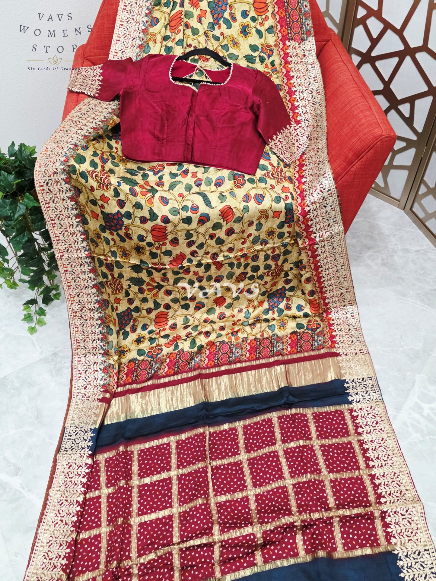 Regal Antique Gold Kalamkari Gaji Crepe Silk Saree with Maroon Gota Patti Border, Tissue Pallu & Stitched Blouse