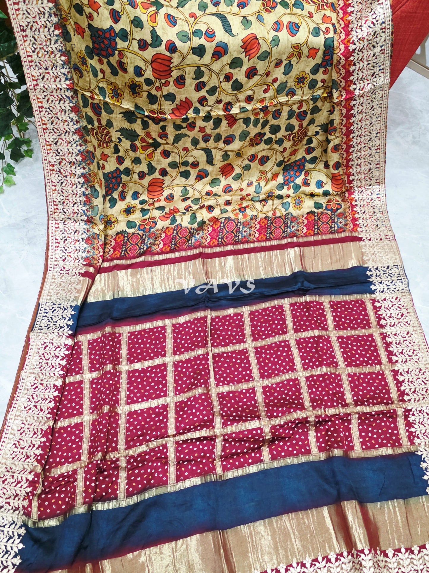 Regal Antique Gold Kalamkari Gaji Crepe Silk Saree with Maroon Gota Patti Border, Tissue Pallu & Stitched Blouse