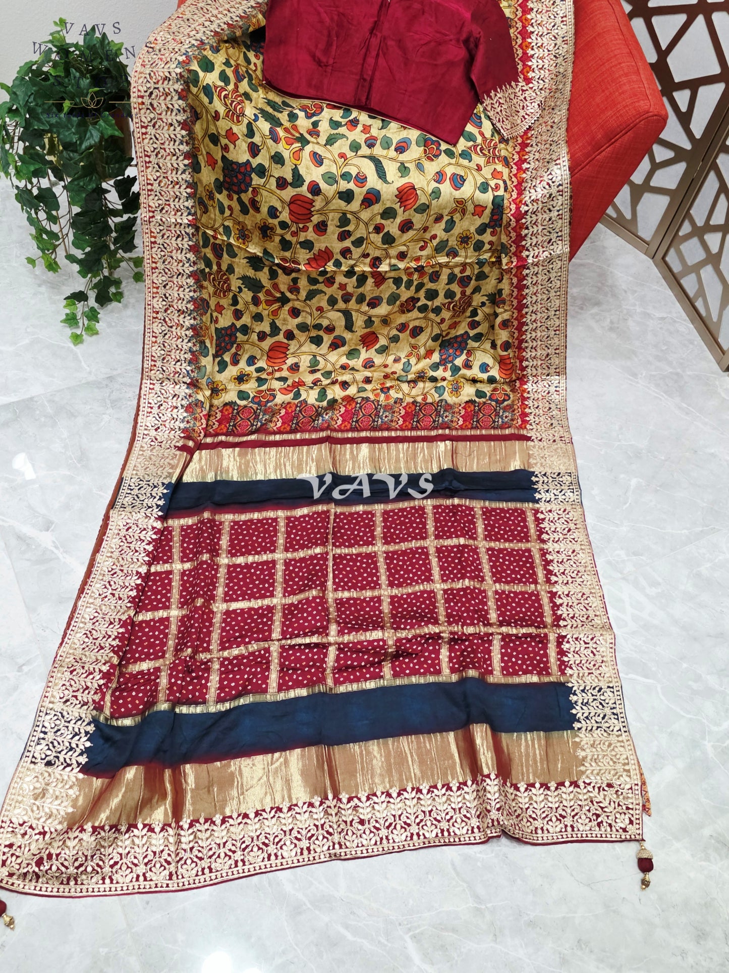 Regal Antique Gold Kalamkari Gaji Crepe Silk Saree with Maroon Gota Patti Border, Tissue Pallu & Stitched Blouse