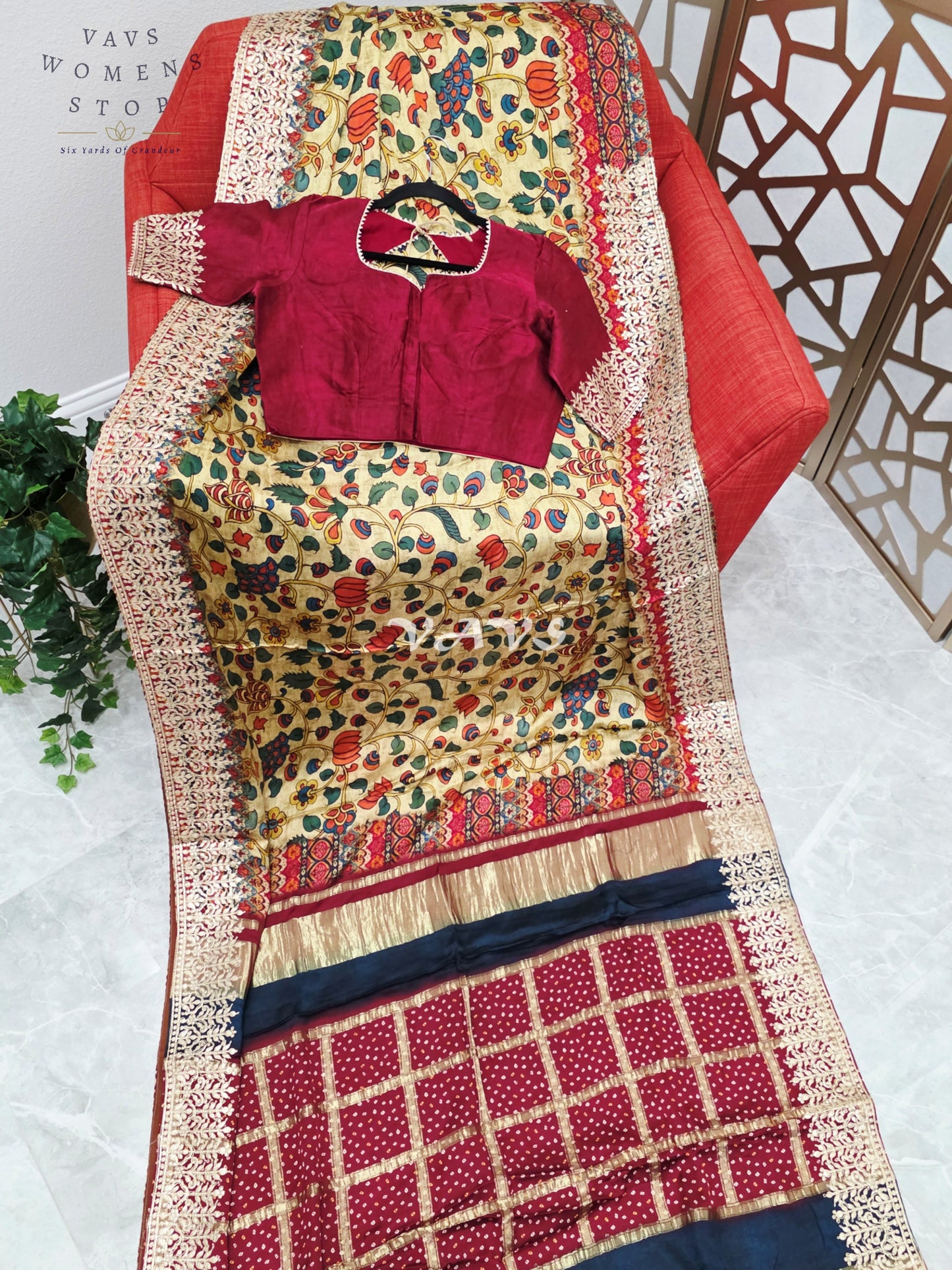 Regal Antique Gold Kalamkari Gaji Crepe Silk Saree with Maroon Gota Patti Border, Tissue Pallu & Stitched Blouse