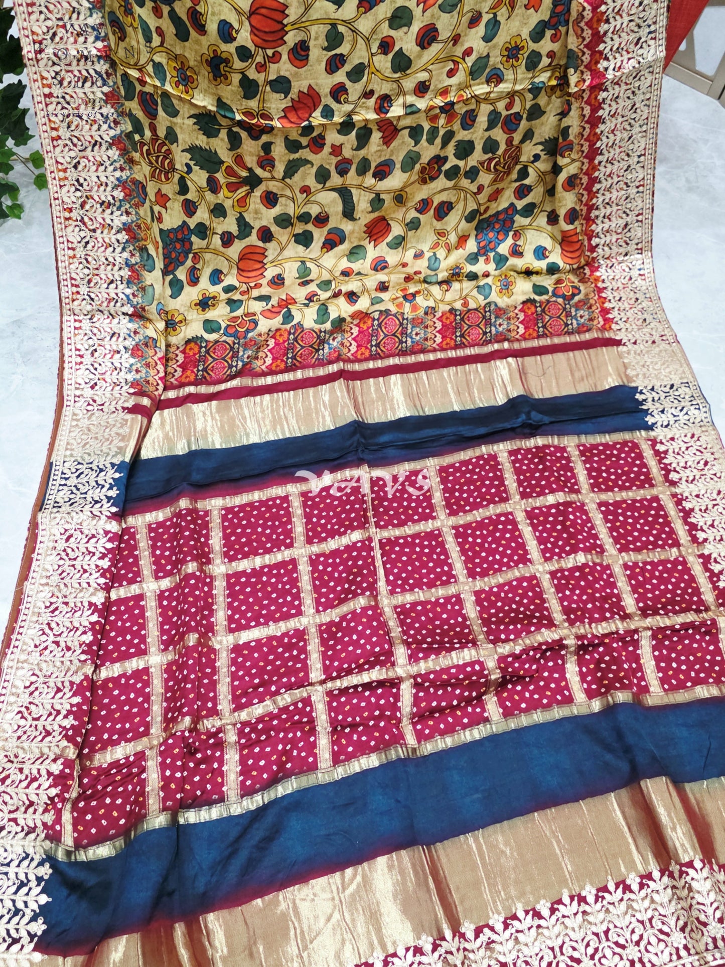 Regal Antique Gold Kalamkari Gaji Crepe Silk Saree with Maroon Gota Patti Border, Tissue Pallu & Stitched Blouse