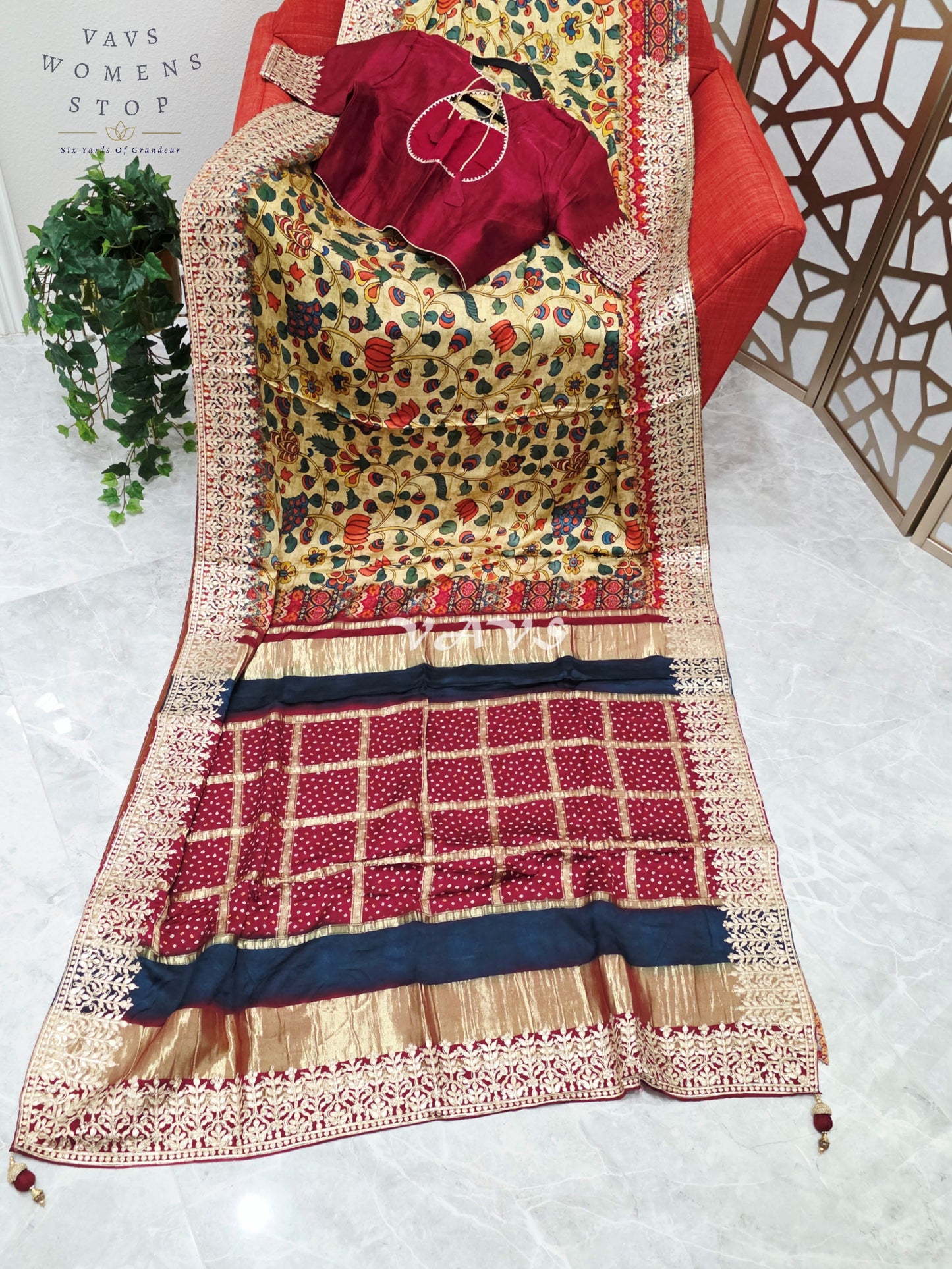 Regal Antique Gold Kalamkari Gaji Crepe Silk Saree with Maroon Gota Patti Border, Tissue Pallu & Stitched Blouse