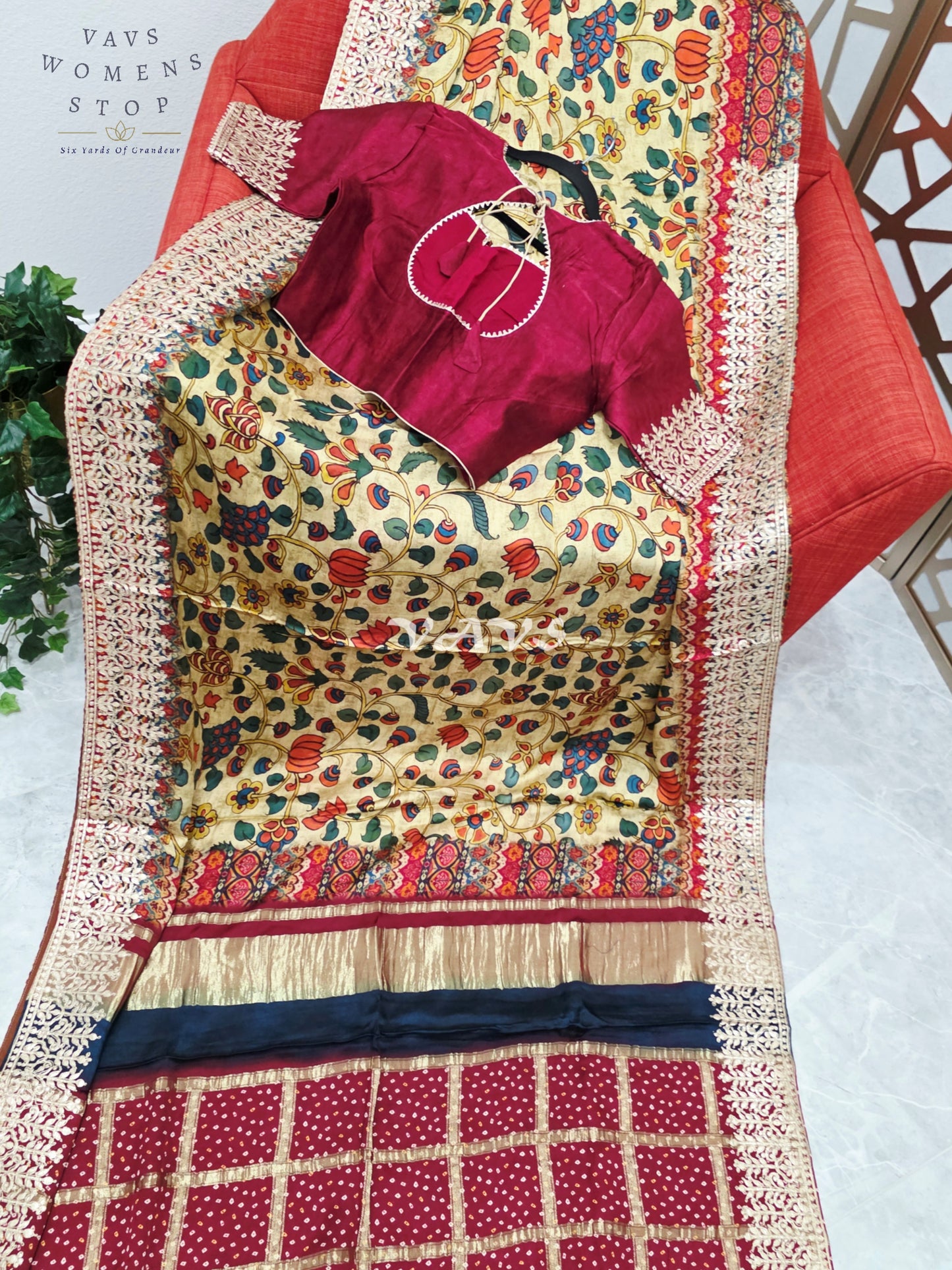 Regal Antique Gold Kalamkari Gaji Crepe Silk Saree with Maroon Gota Patti Border, Tissue Pallu & Stitched Blouse