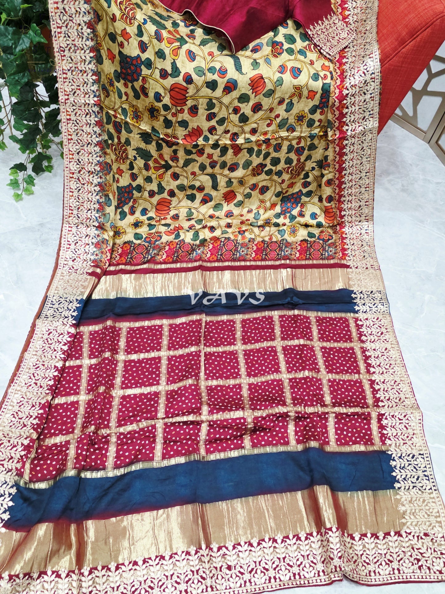 Regal Antique Gold Kalamkari Gaji Crepe Silk Saree with Maroon Gota Patti Border, Tissue Pallu & Stitched Blouse