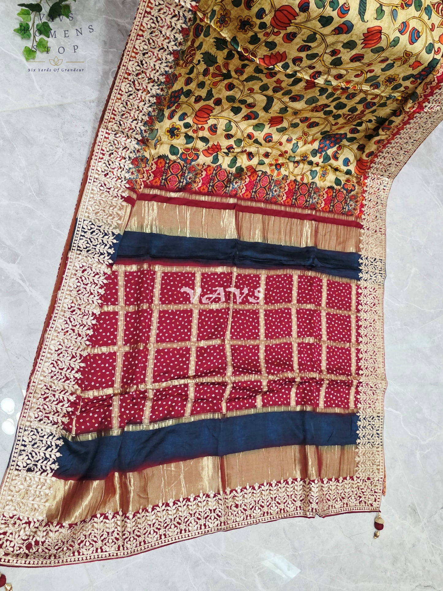 Regal Antique Gold Kalamkari Gaji Crepe Silk Saree with Maroon Gota Patti Border, Tissue Pallu & Stitched Blouse