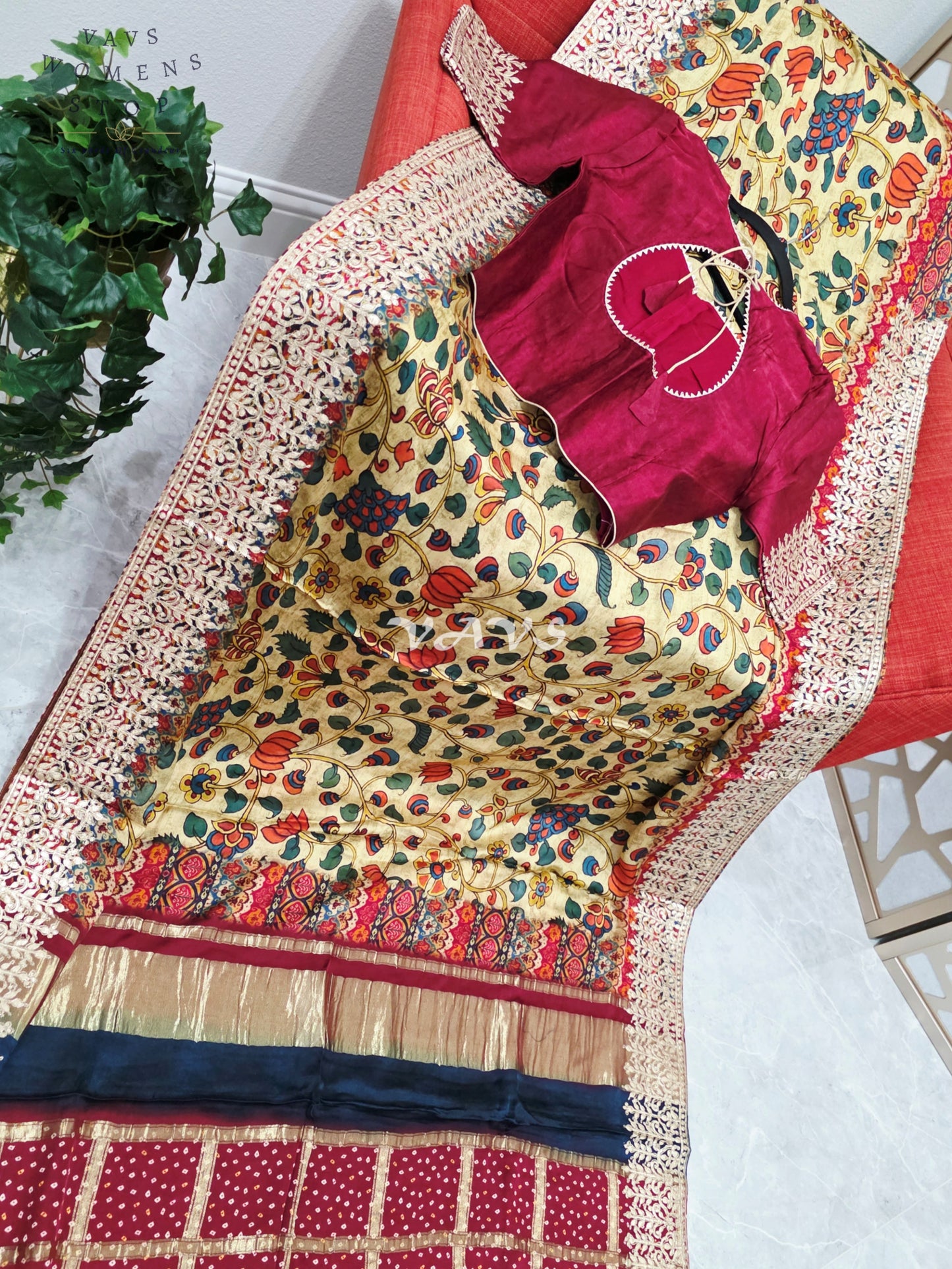 Regal Antique Gold Kalamkari Gaji Crepe Silk Saree with Maroon Gota Patti Border, Tissue Pallu & Stitched Blouse