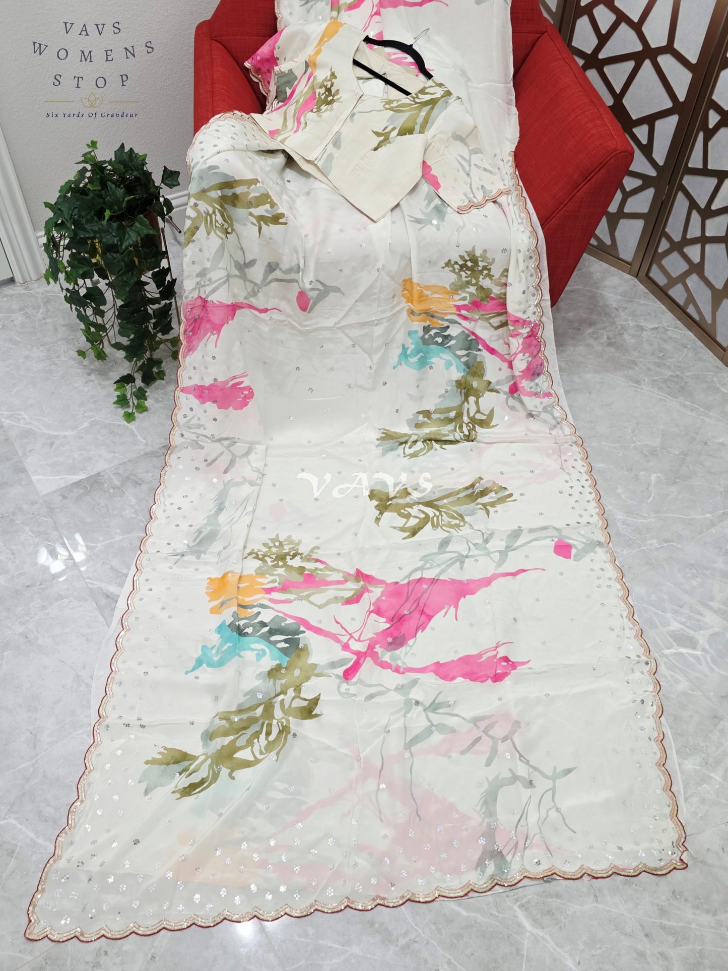 Regal Pearl Ivory Pure Crepe Silk Saree with Abstract Jewel-Tone Print, Sequin Scallop Border & Stitched Blouse