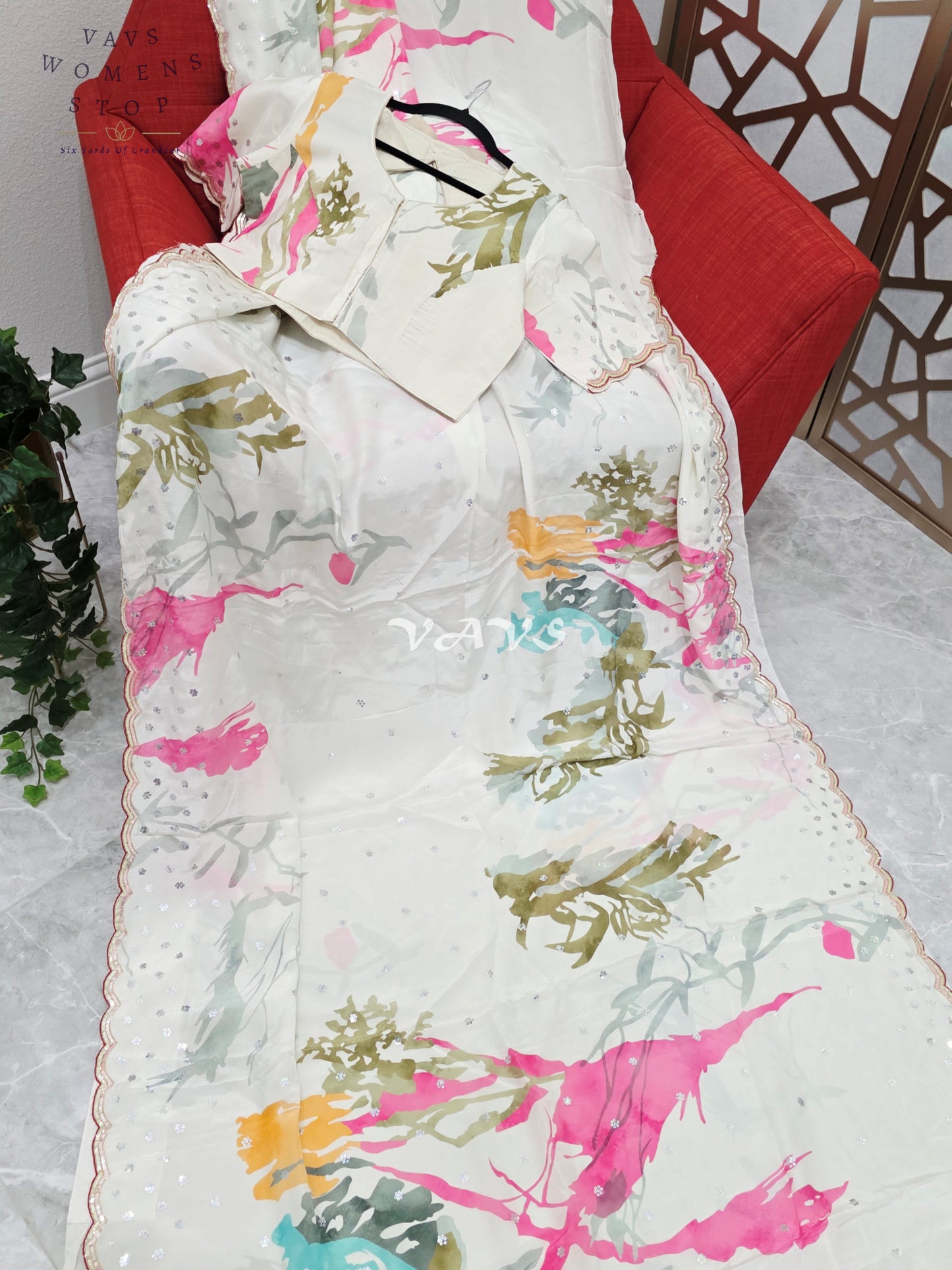 Regal Pearl Ivory Pure Crepe Silk Saree with Abstract Jewel-Tone Print, Sequin Scallop Border & Stitched Blouse