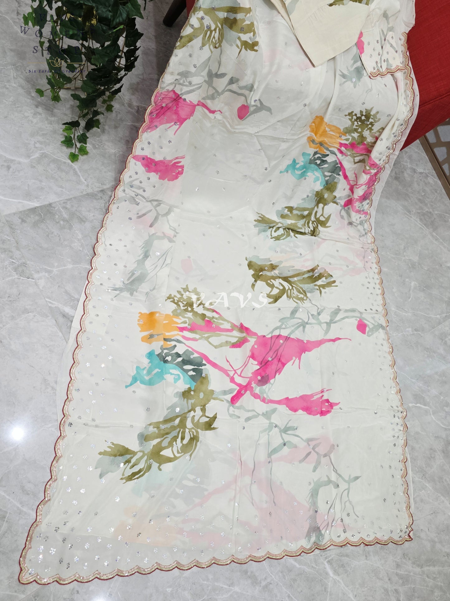 Regal Pearl Ivory Pure Crepe Silk Saree with Abstract Jewel-Tone Print, Sequin Scallop Border & Stitched Blouse