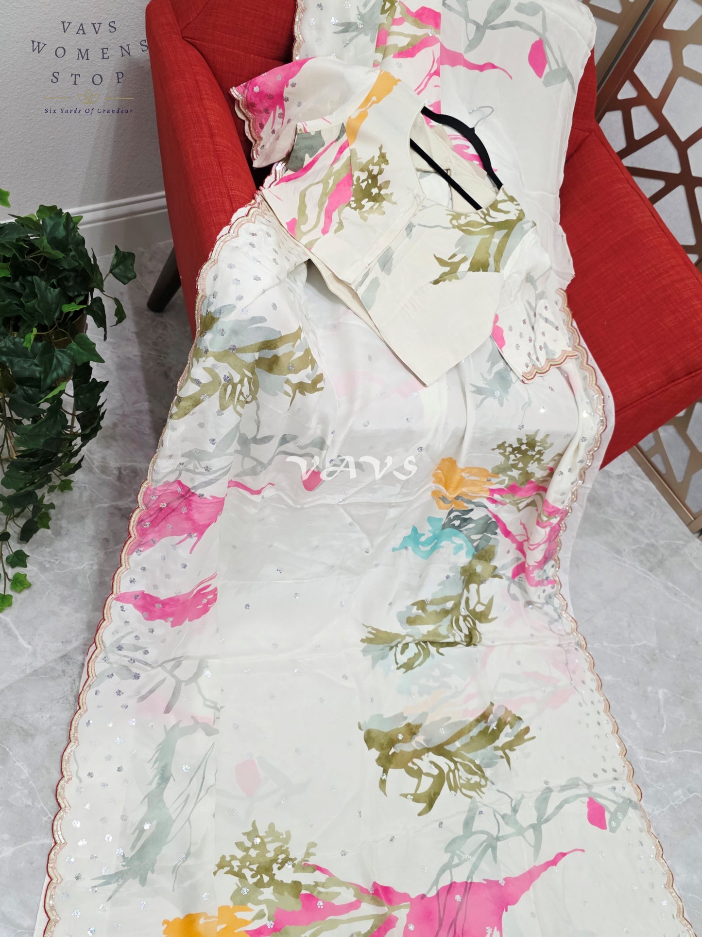 Regal Pearl Ivory Pure Crepe Silk Saree with Abstract Jewel-Tone Print, Sequin Scallop Border & Stitched Blouse