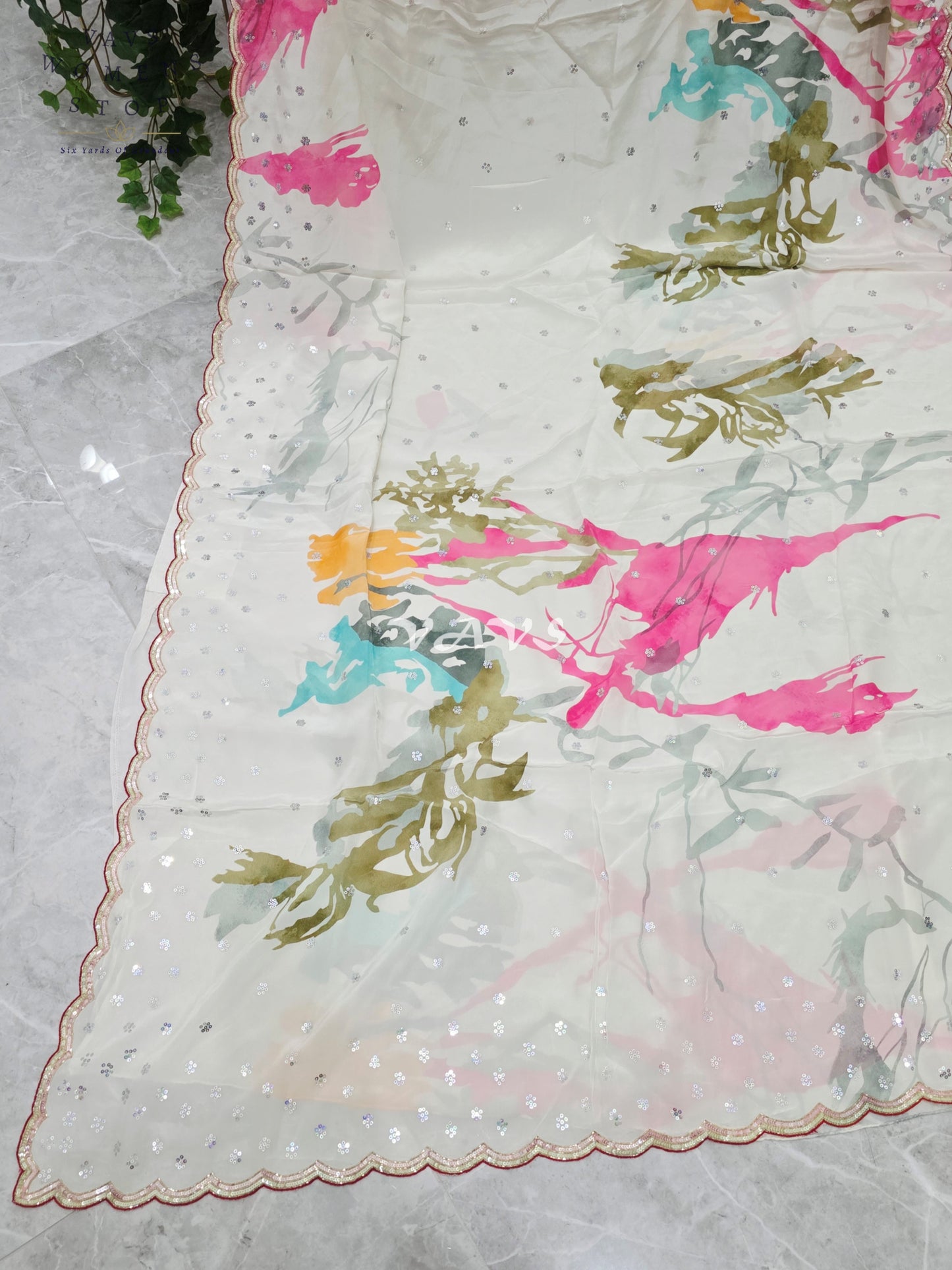 Regal Pearl Ivory Pure Crepe Silk Saree with Abstract Jewel-Tone Print, Sequin Scallop Border & Stitched Blouse