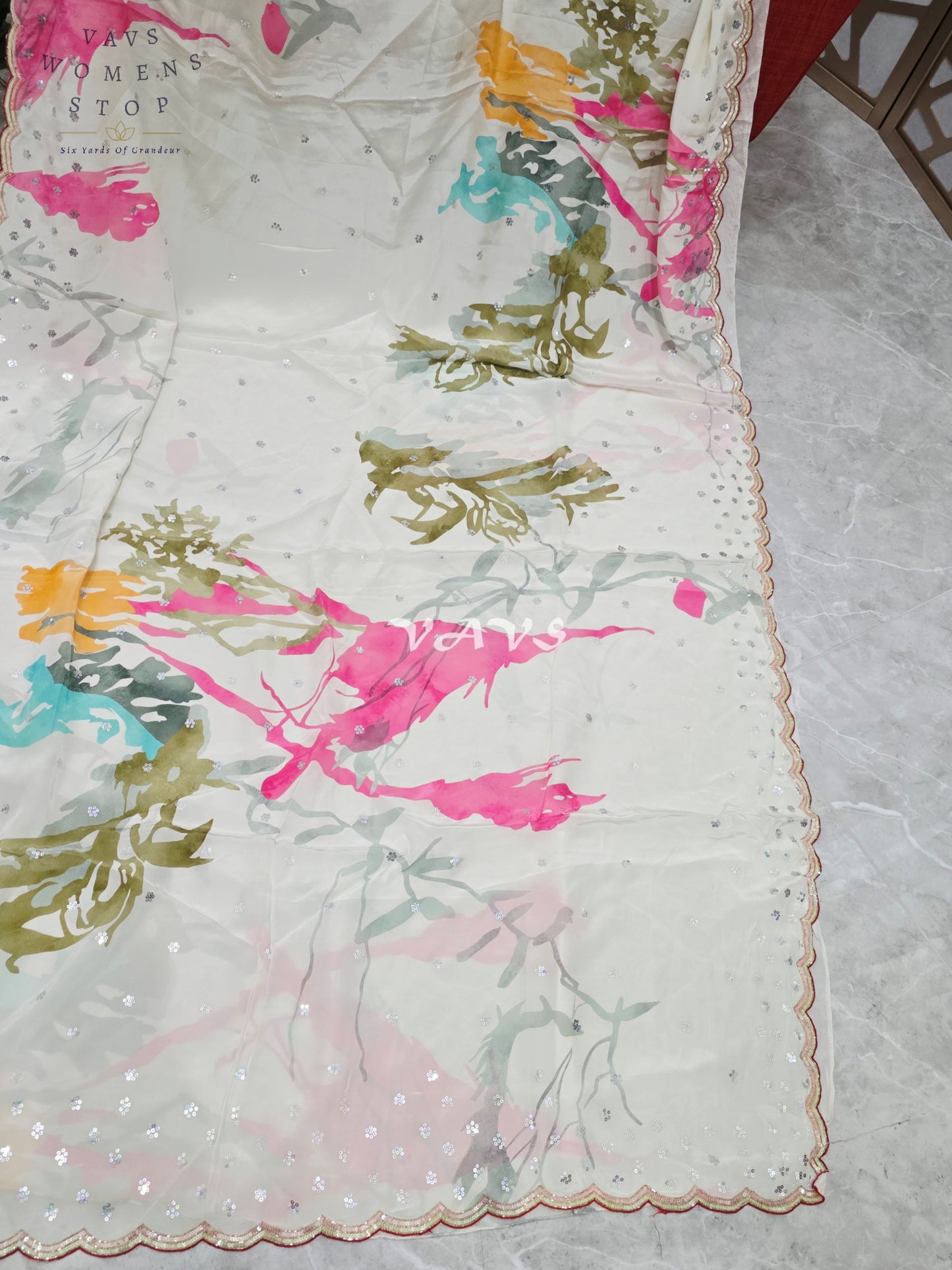 Regal Pearl Ivory Pure Crepe Silk Saree with Abstract Jewel-Tone Print, Sequin Scallop Border & Stitched Blouse
