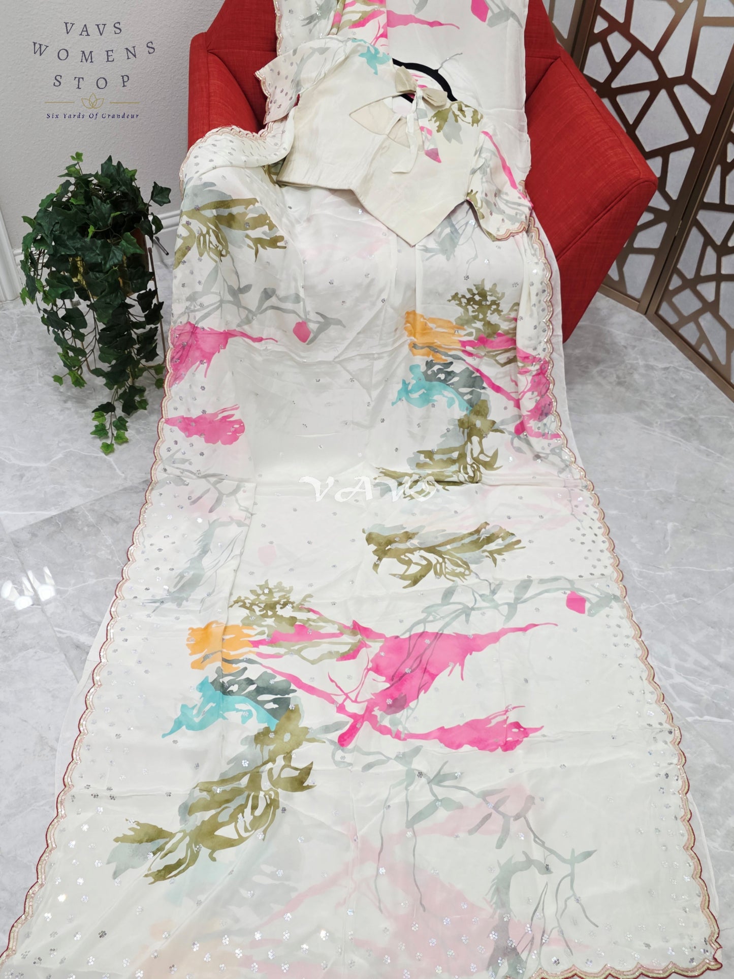 Regal Pearl Ivory Pure Crepe Silk Saree with Abstract Jewel-Tone Print, Sequin Scallop Border & Stitched Blouse