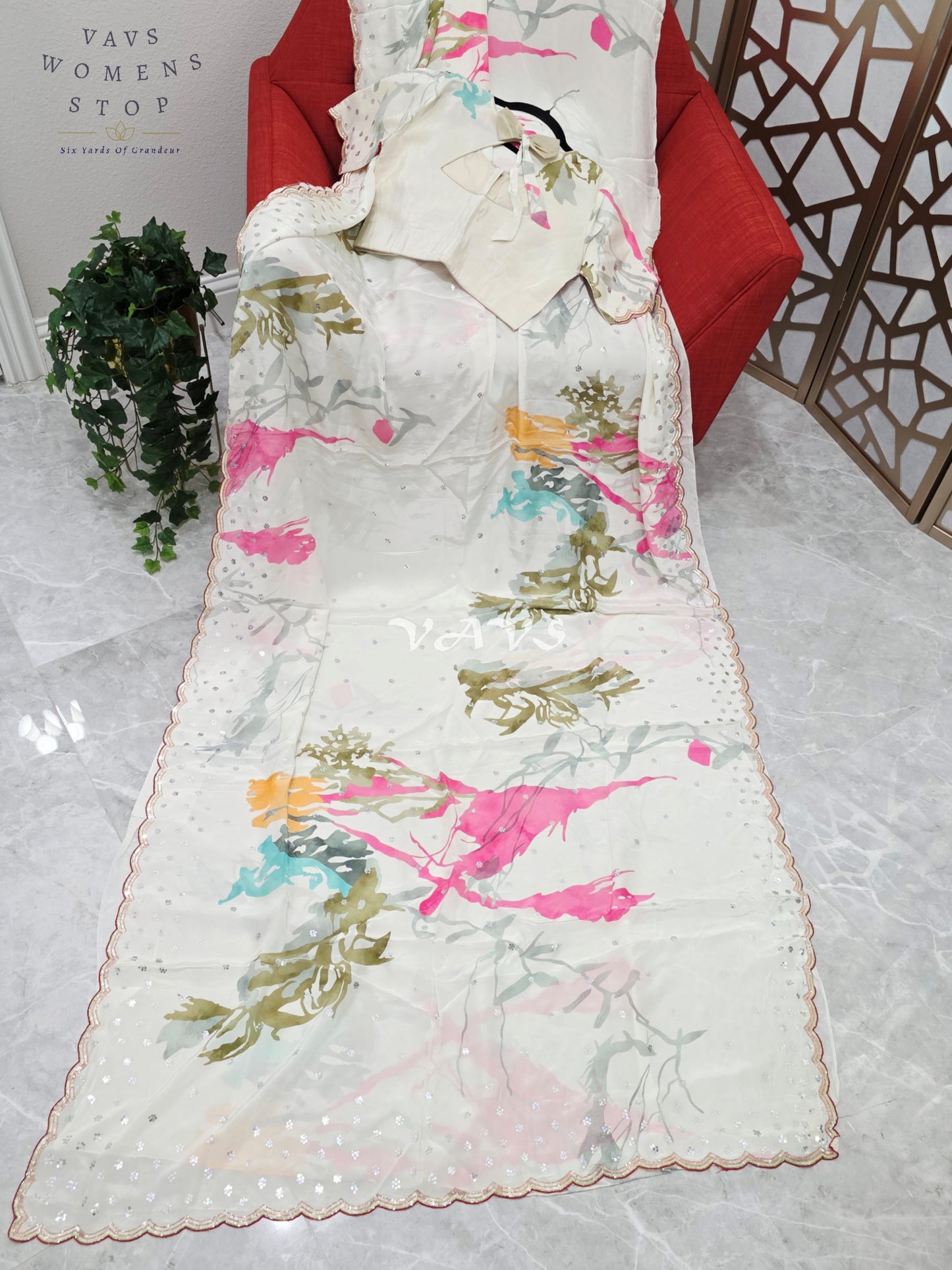Regal Pearl Ivory Pure Crepe Silk Saree with Abstract Jewel-Tone Print, Sequin Scallop Border & Stitched Blouse