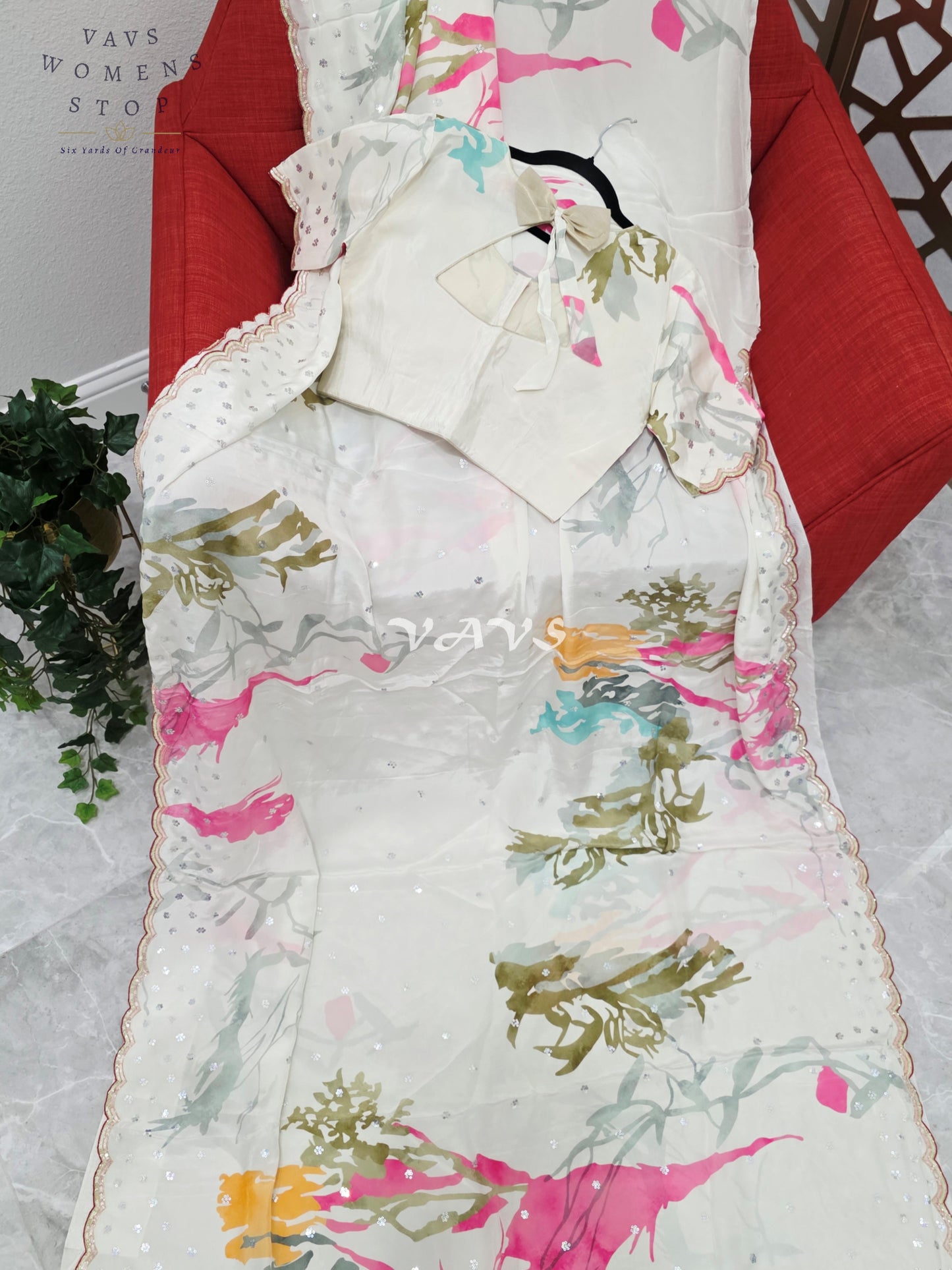 Regal Pearl Ivory Pure Crepe Silk Saree with Abstract Jewel-Tone Print, Sequin Scallop Border & Stitched Blouse