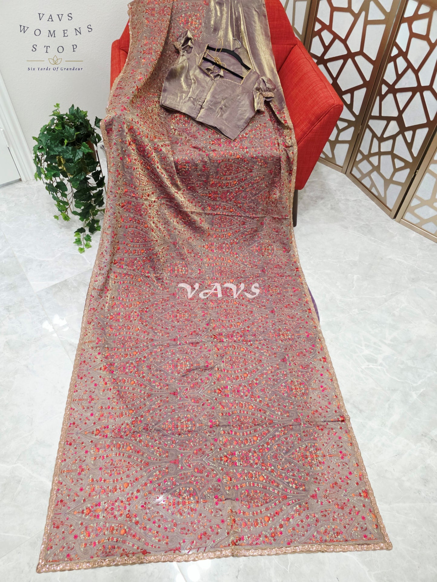 Regal Smoky Mauve Taupe Space Silk Saree with Jewel-Tone Paisley Embroidery, Mukaish Border & Puff-Sleeve Blouse