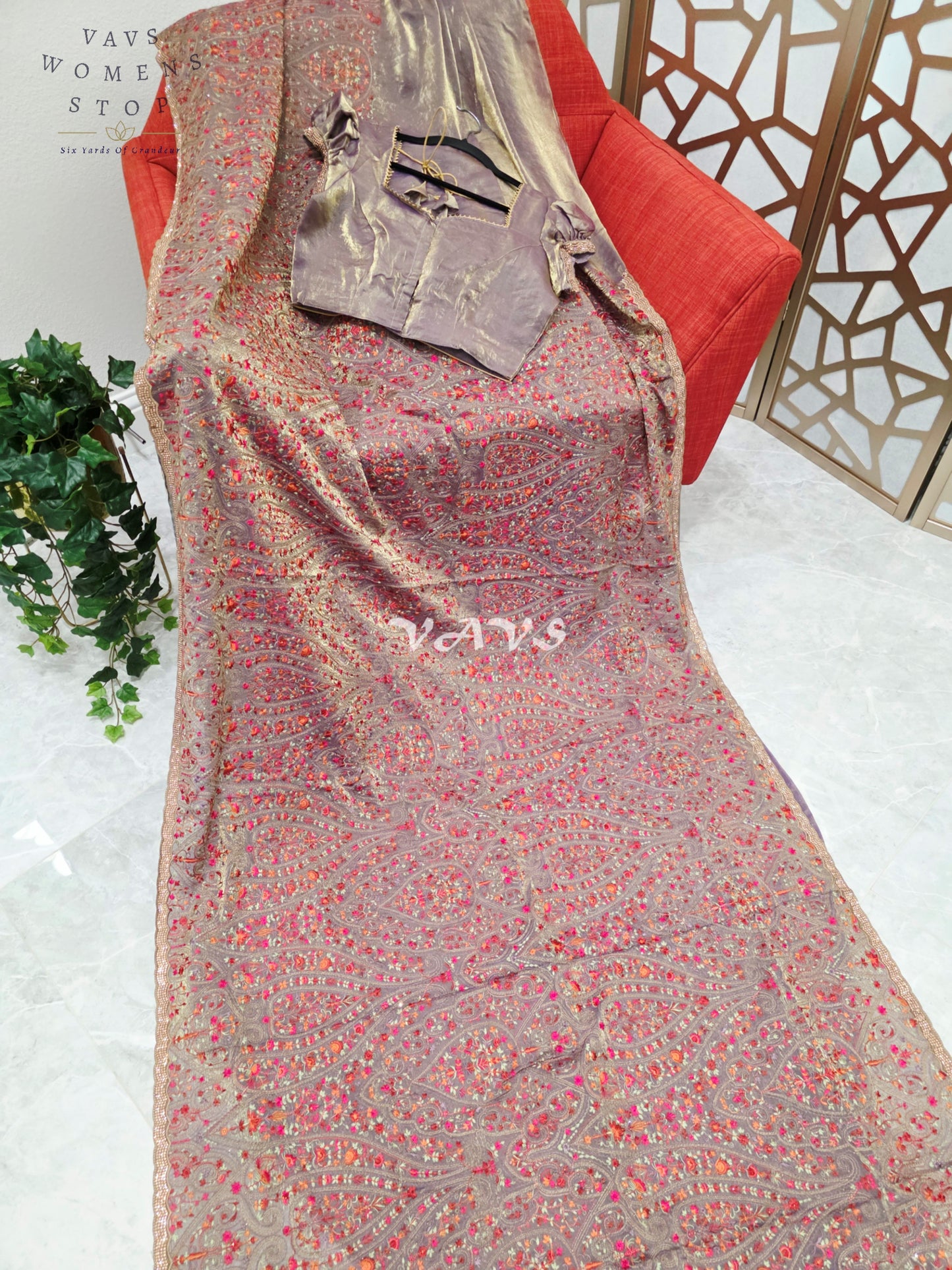 Regal Smoky Mauve Taupe Space Silk Saree with Jewel-Tone Paisley Embroidery, Mukaish Border & Puff-Sleeve Blouse