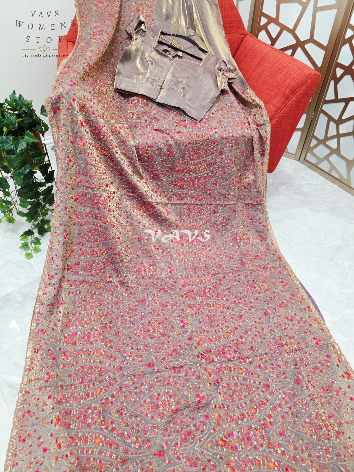 Regal Smoky Mauve Taupe Space Silk Saree with Jewel-Tone Paisley Embroidery, Mukaish Border & Puff-Sleeve Blouse