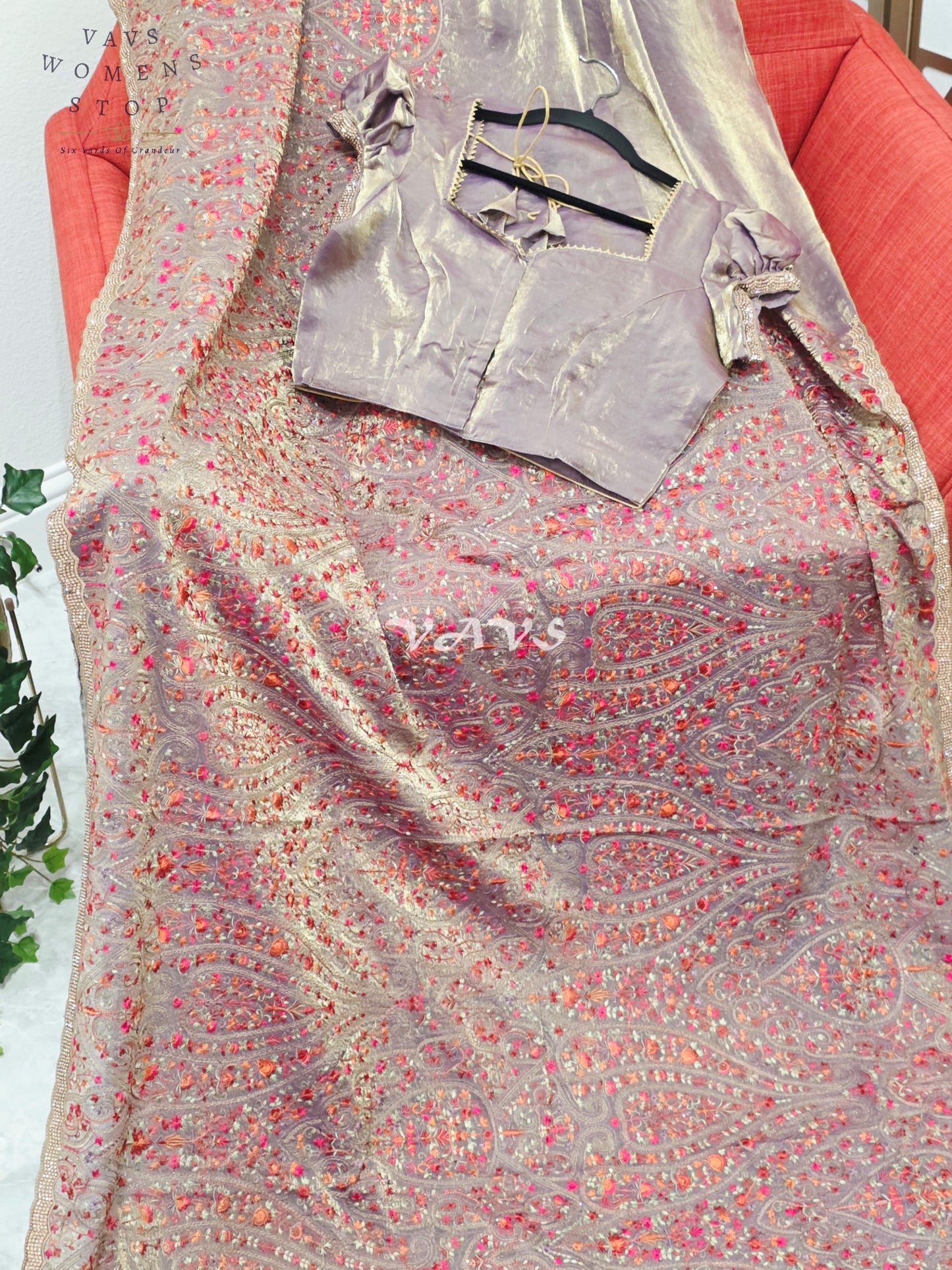 Regal Smoky Mauve Taupe Space Silk Saree with Jewel-Tone Paisley Embroidery, Mukaish Border & Puff-Sleeve Blouse