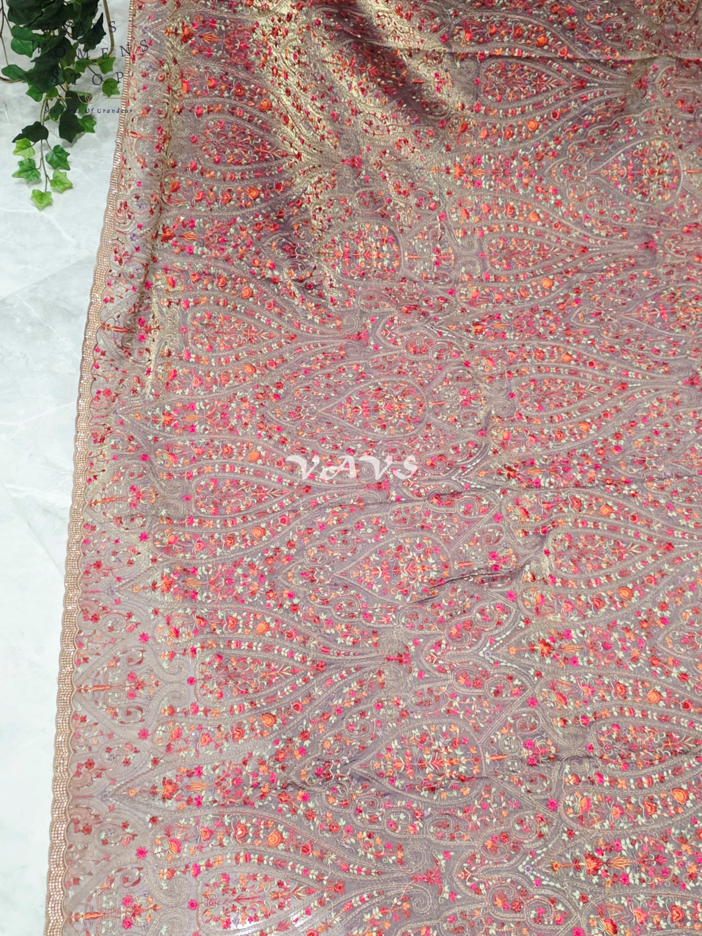 Regal Smoky Mauve Taupe Space Silk Saree with Jewel-Tone Paisley Embroidery, Mukaish Border & Puff-Sleeve Blouse