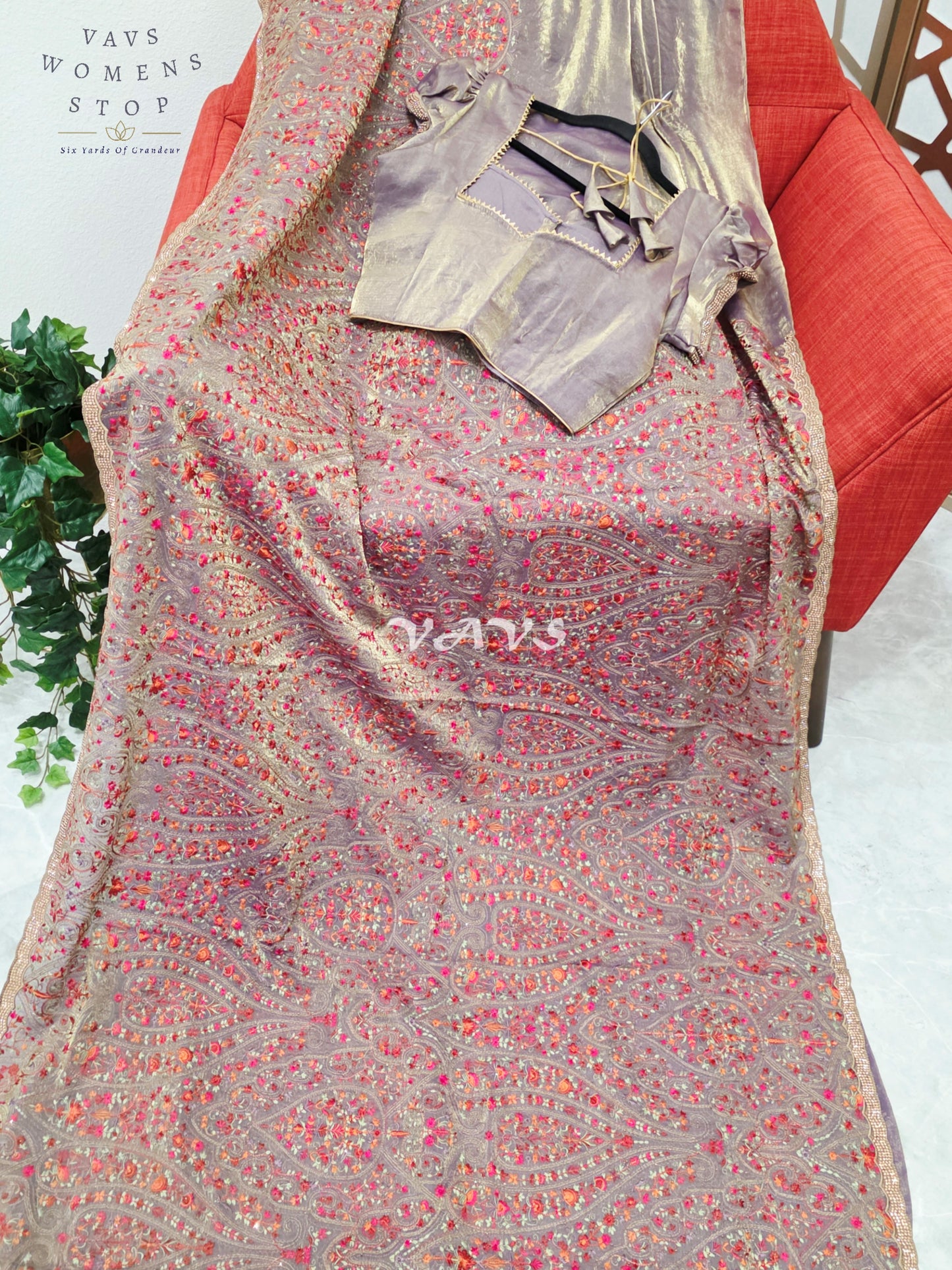 Regal Smoky Mauve Taupe Space Silk Saree with Jewel-Tone Paisley Embroidery, Mukaish Border & Puff-Sleeve Blouse