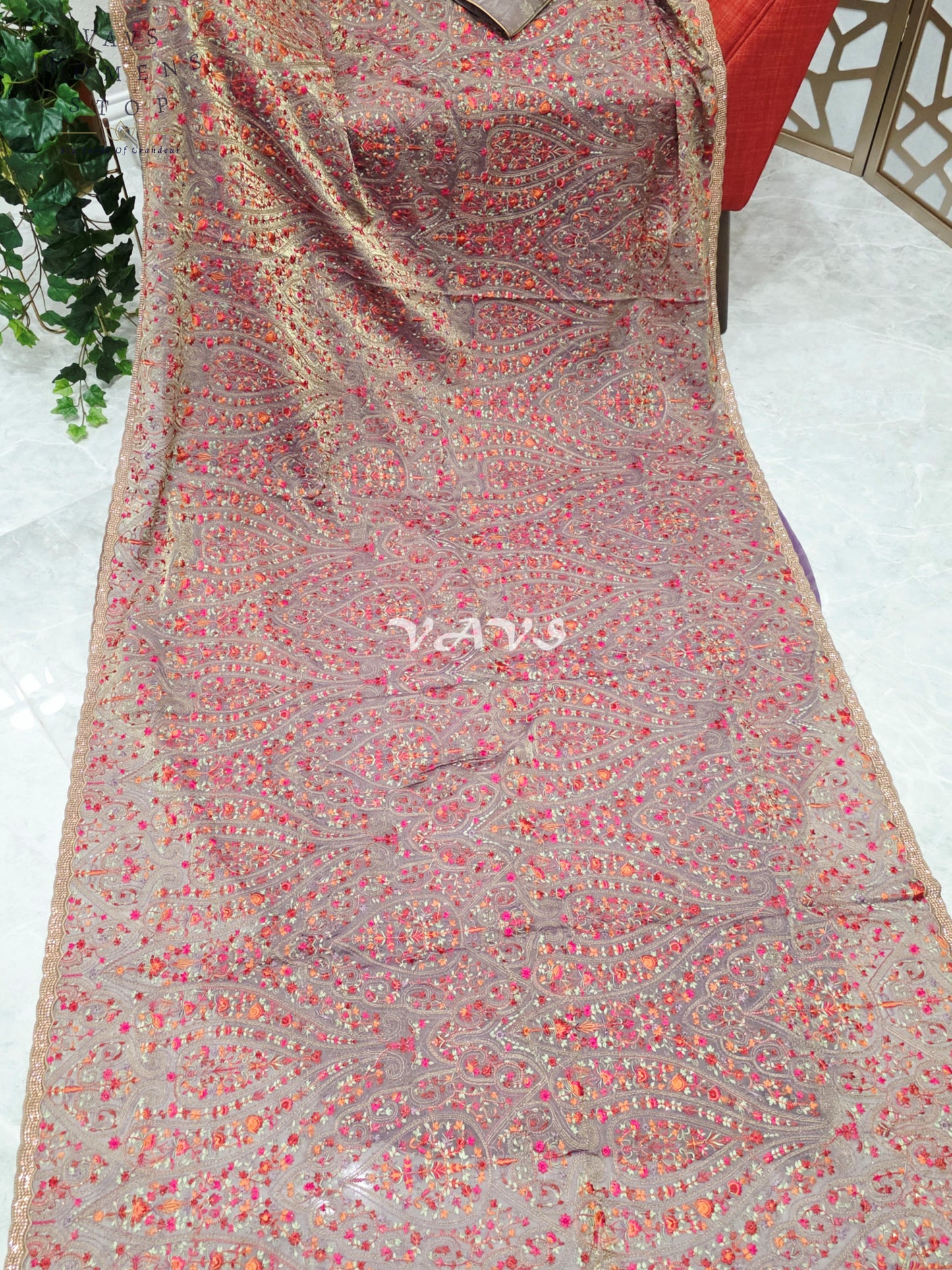 Regal Smoky Mauve Taupe Space Silk Saree with Jewel-Tone Paisley Embroidery, Mukaish Border & Puff-Sleeve Blouse