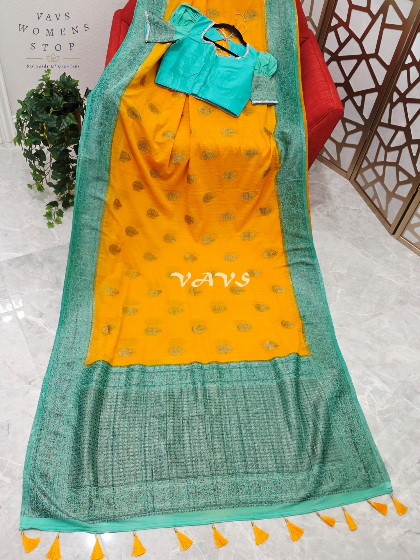 Regal Marigold & Turquoise Semi Tussar Georgette Saree with Antique Silver Zari Buttas & Puff-Sleeve Blouse