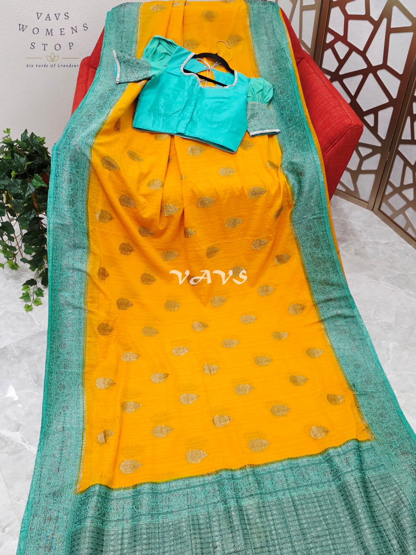 Regal Marigold & Turquoise Semi Tussar Georgette Saree with Antique Silver Zari Buttas & Puff-Sleeve Blouse