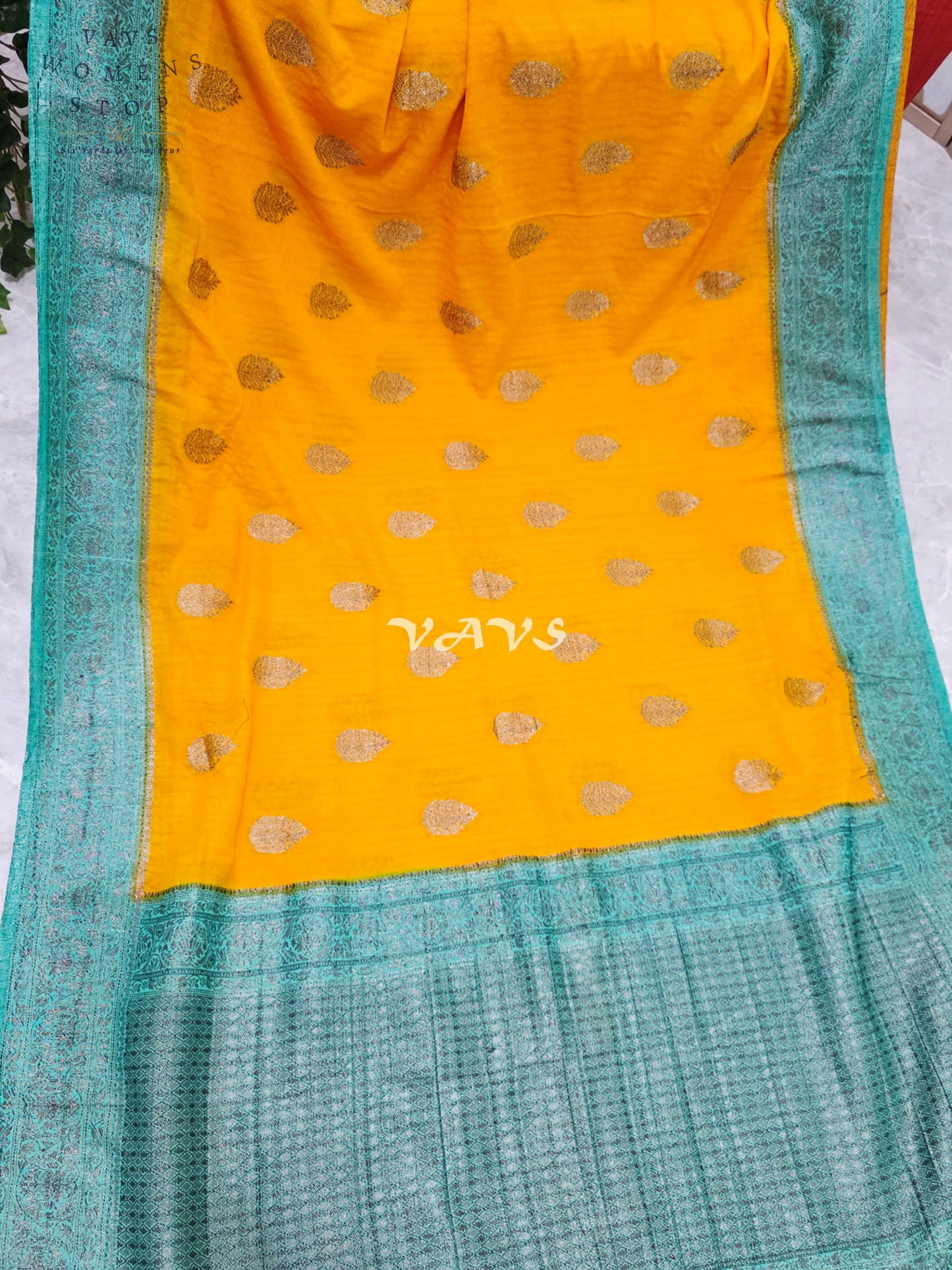Regal Marigold & Turquoise Semi Tussar Georgette Saree with Antique Silver Zari Buttas & Puff-Sleeve Blouse