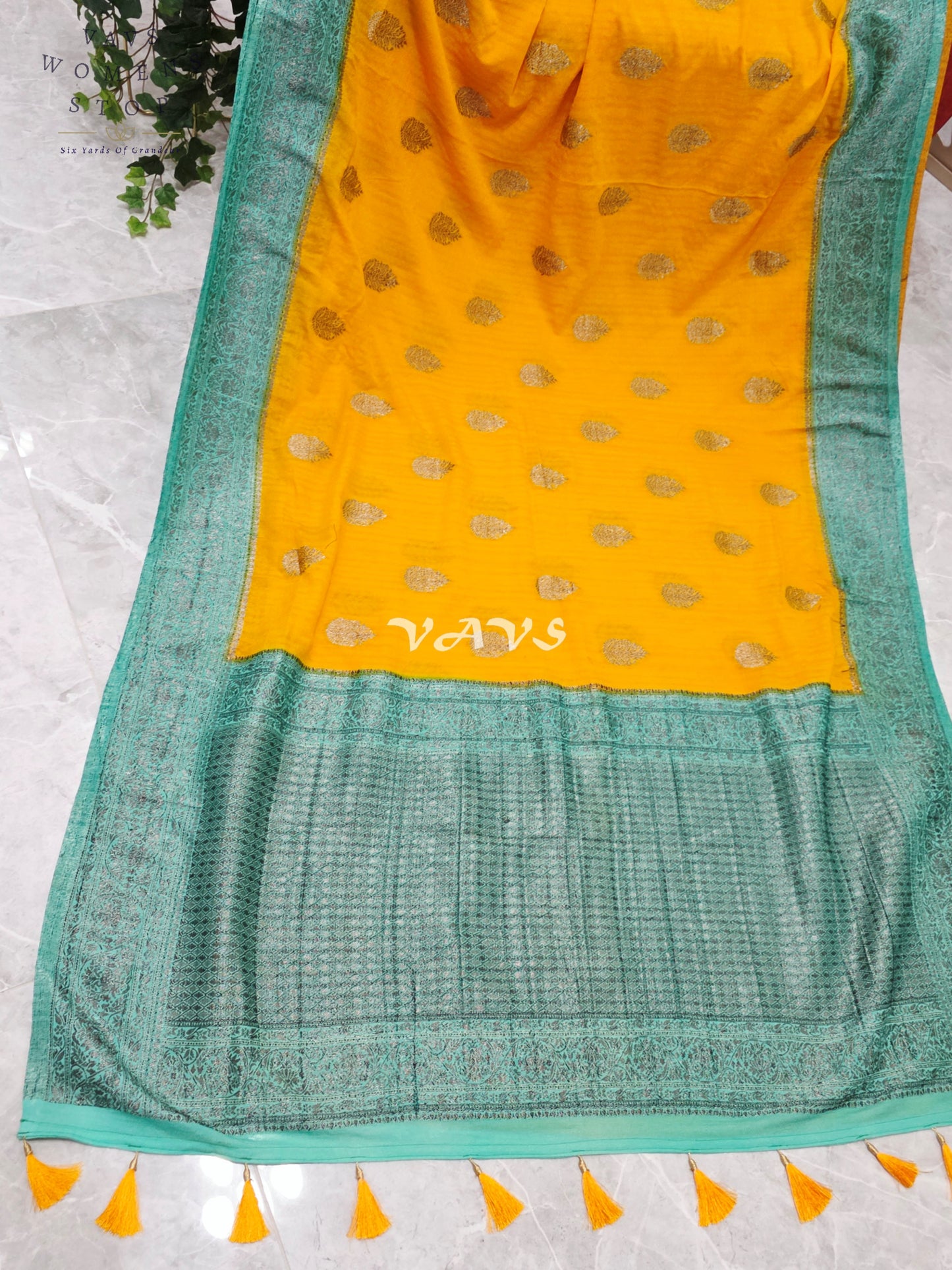 Regal Marigold & Turquoise Semi Tussar Georgette Saree with Antique Silver Zari Buttas & Puff-Sleeve Blouse