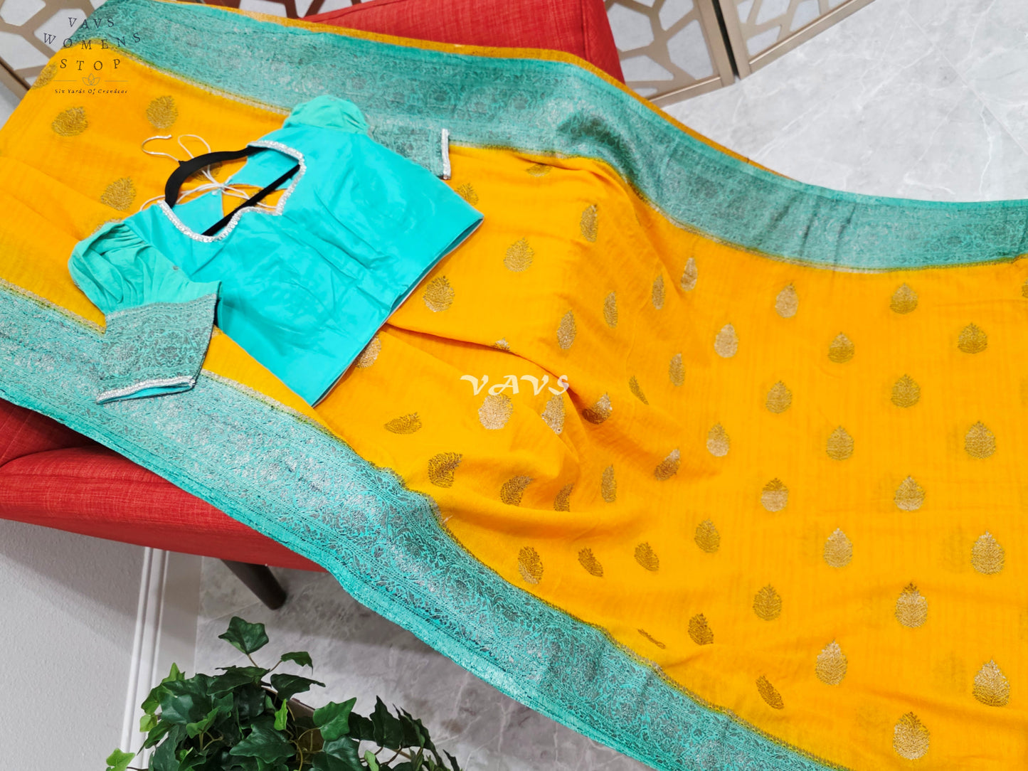 Regal Marigold & Turquoise Semi Tussar Georgette Saree with Antique Silver Zari Buttas & Puff-Sleeve Blouse