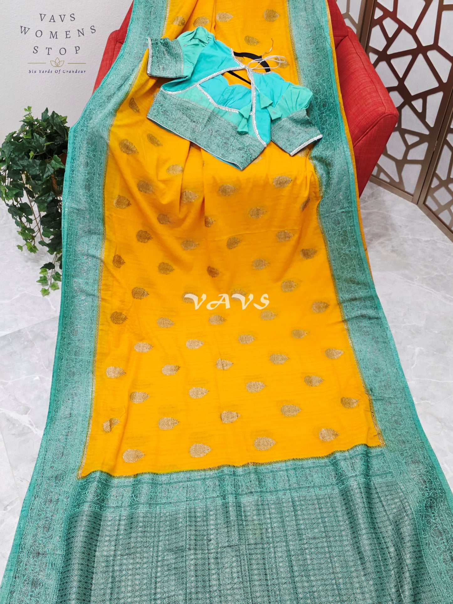 Regal Marigold & Turquoise Semi Tussar Georgette Saree with Antique Silver Zari Buttas & Puff-Sleeve Blouse