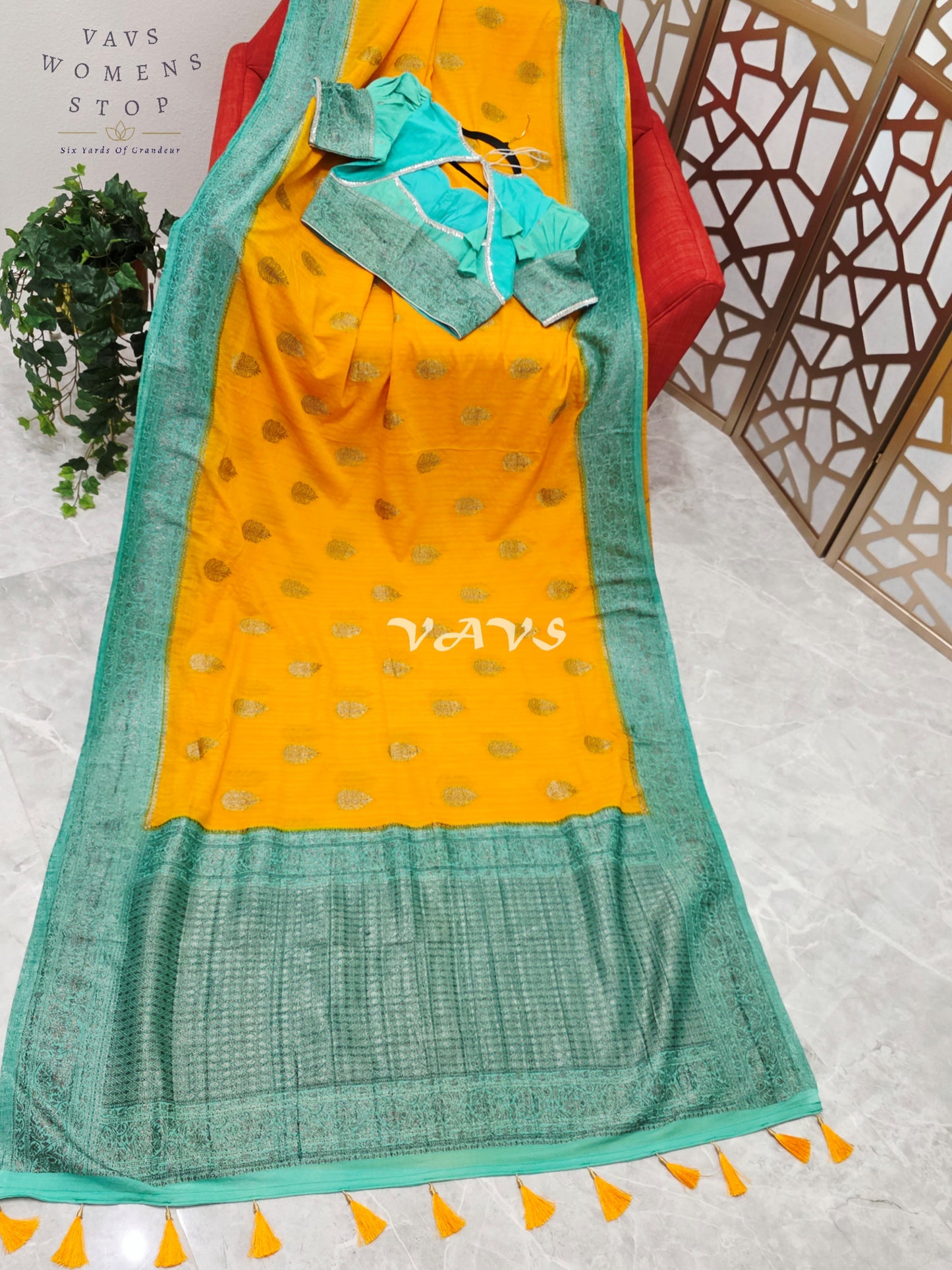 Regal Marigold & Turquoise Semi Tussar Georgette Saree with Antique Silver Zari Buttas & Puff-Sleeve Blouse