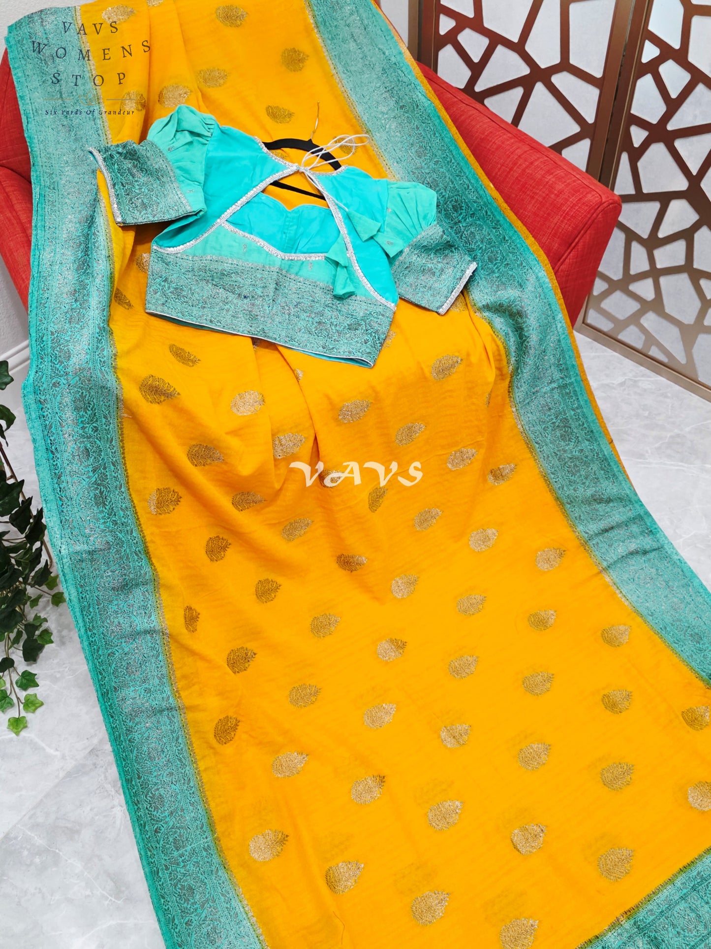 Regal Marigold & Turquoise Semi Tussar Georgette Saree with Antique Silver Zari Buttas & Puff-Sleeve Blouse