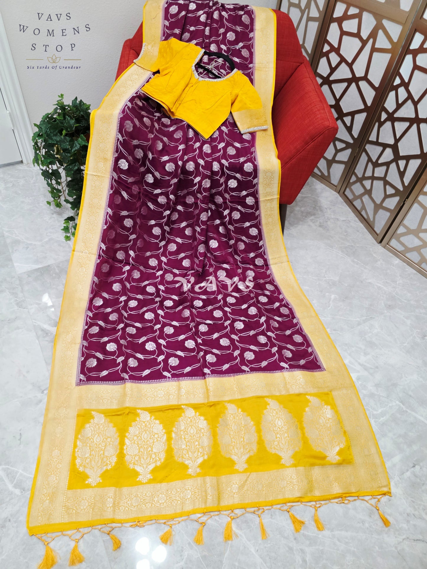 Regal Burgundy Wine & Marigold Munga Banarasi Crepe Silk Saree with Antique Gold Floral Weave & Stitched Blouse
