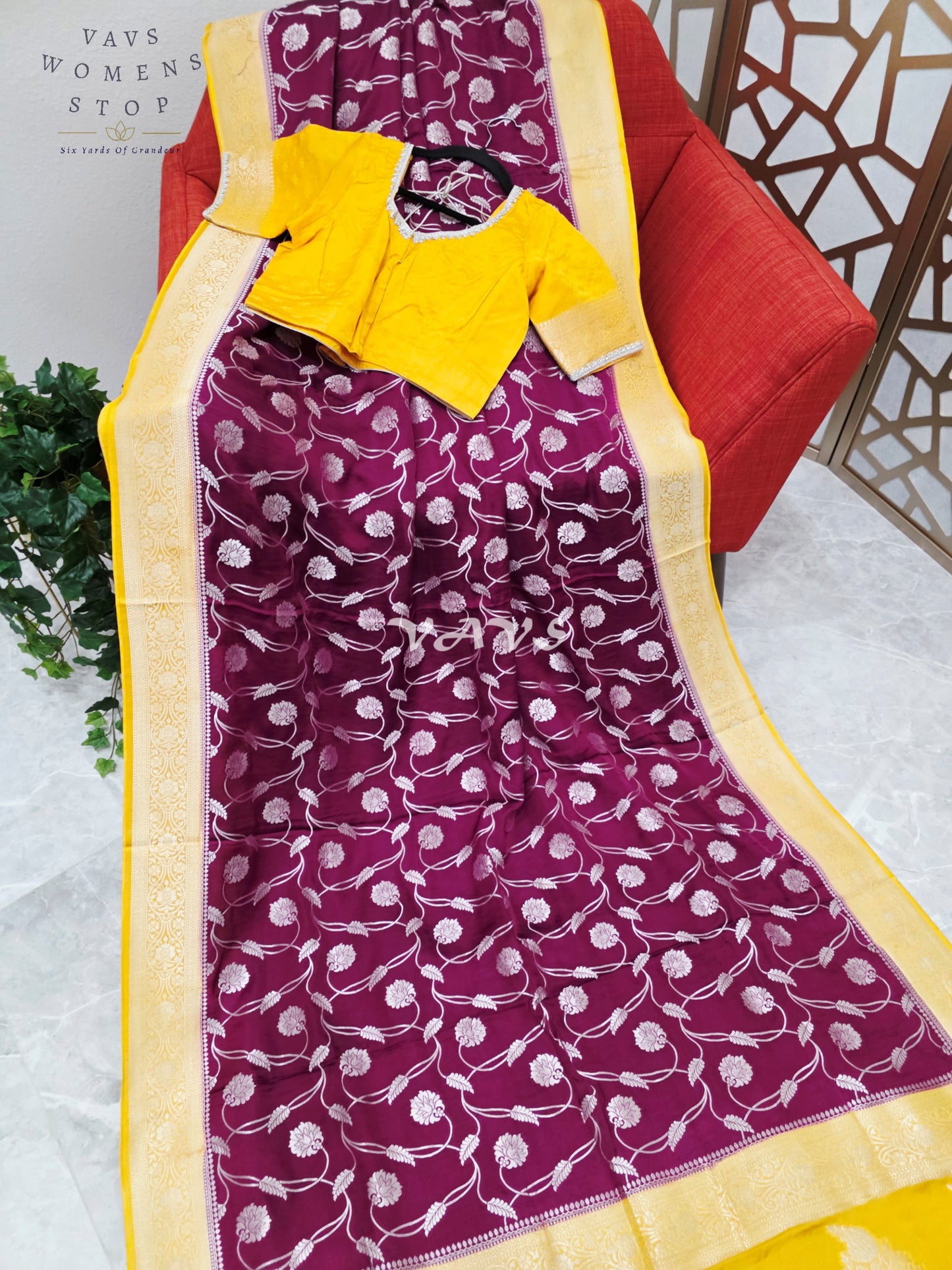 Regal Burgundy Wine & Marigold Munga Banarasi Crepe Silk Saree with Antique Gold Floral Weave & Stitched Blouse
