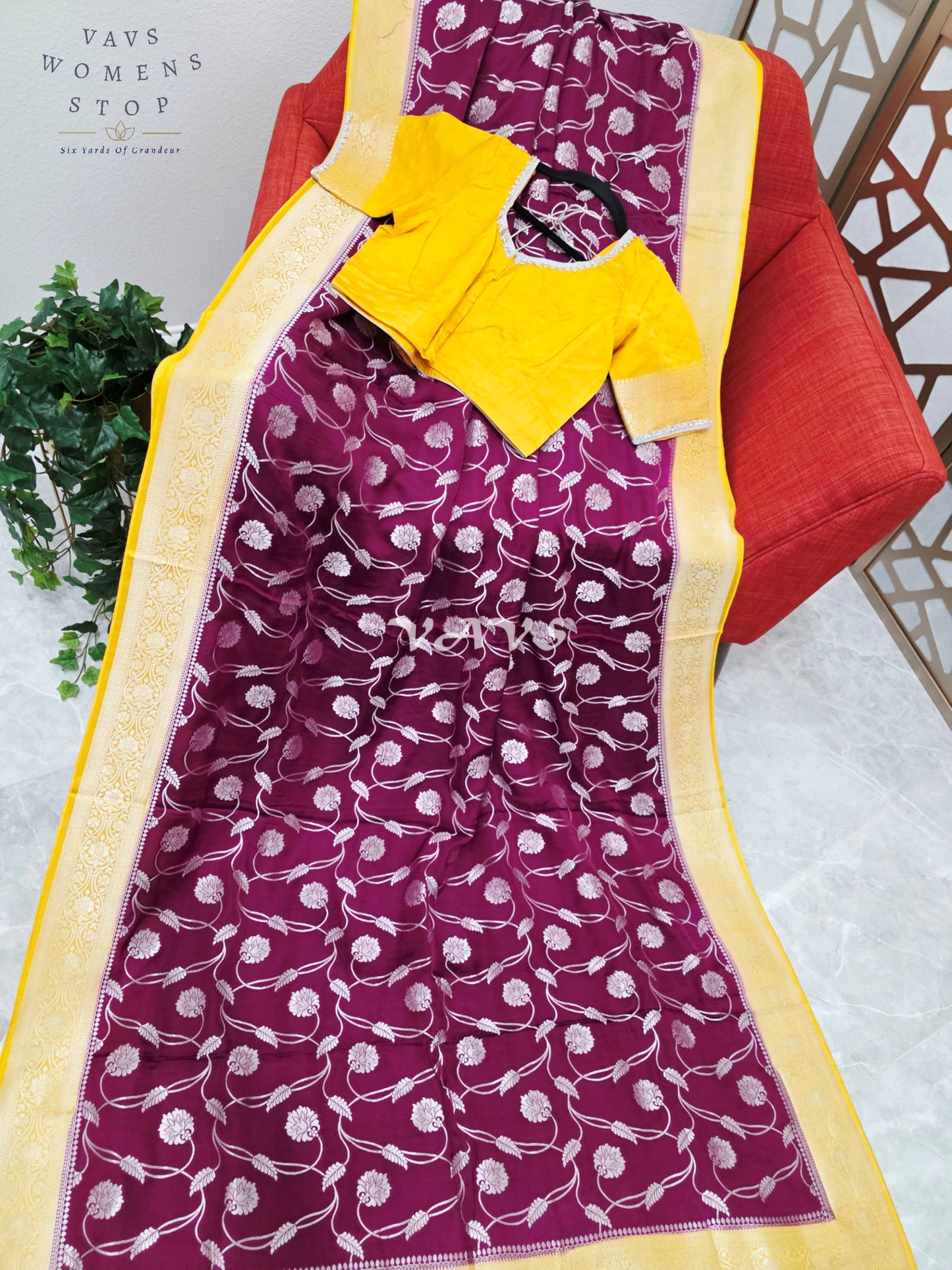 Regal Burgundy Wine & Marigold Munga Banarasi Crepe Silk Saree with Antique Gold Floral Weave & Stitched Blouse