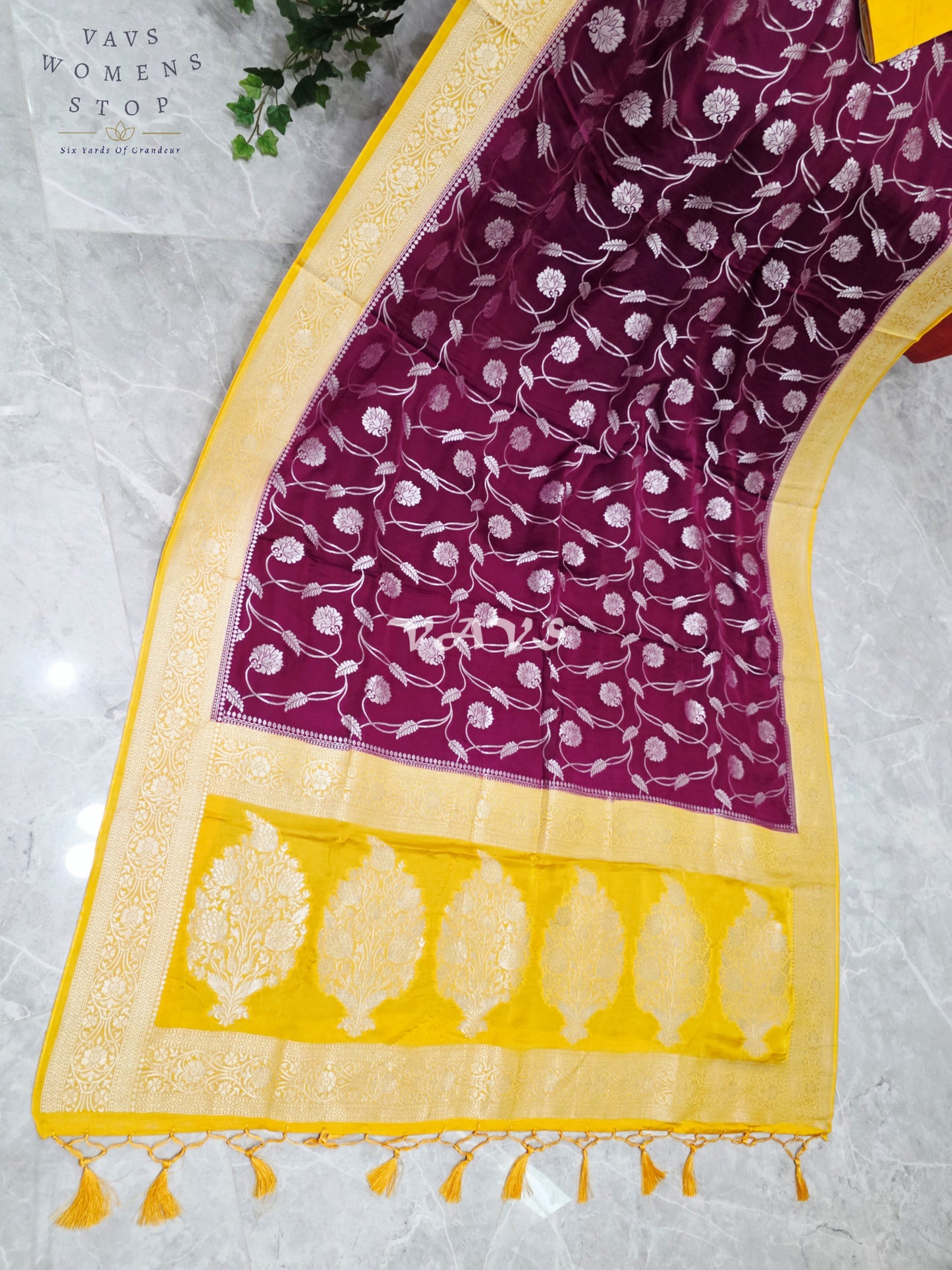 Regal Burgundy Wine & Marigold Munga Banarasi Crepe Silk Saree with Antique Gold Floral Weave & Stitched Blouse