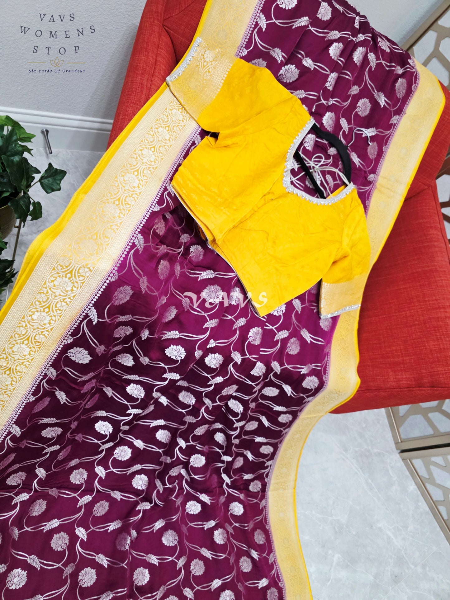Regal Burgundy Wine & Marigold Munga Banarasi Crepe Silk Saree with Antique Gold Floral Weave & Stitched Blouse